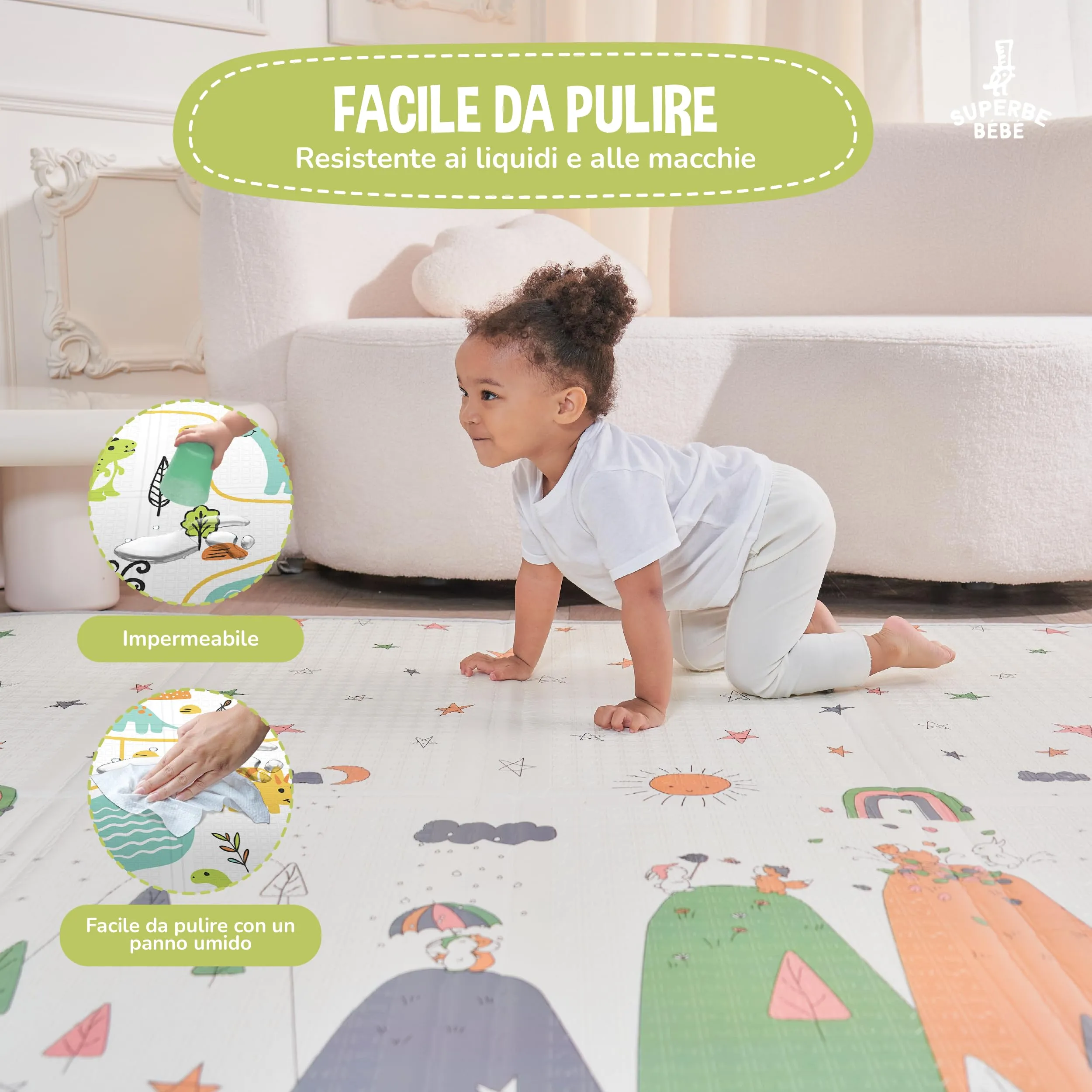 SUPERBE BEBE Tappeto Gioco Bambini Pieghevole Montessori 150x180x1cm Reversibile in Schiuma - immagine 4
