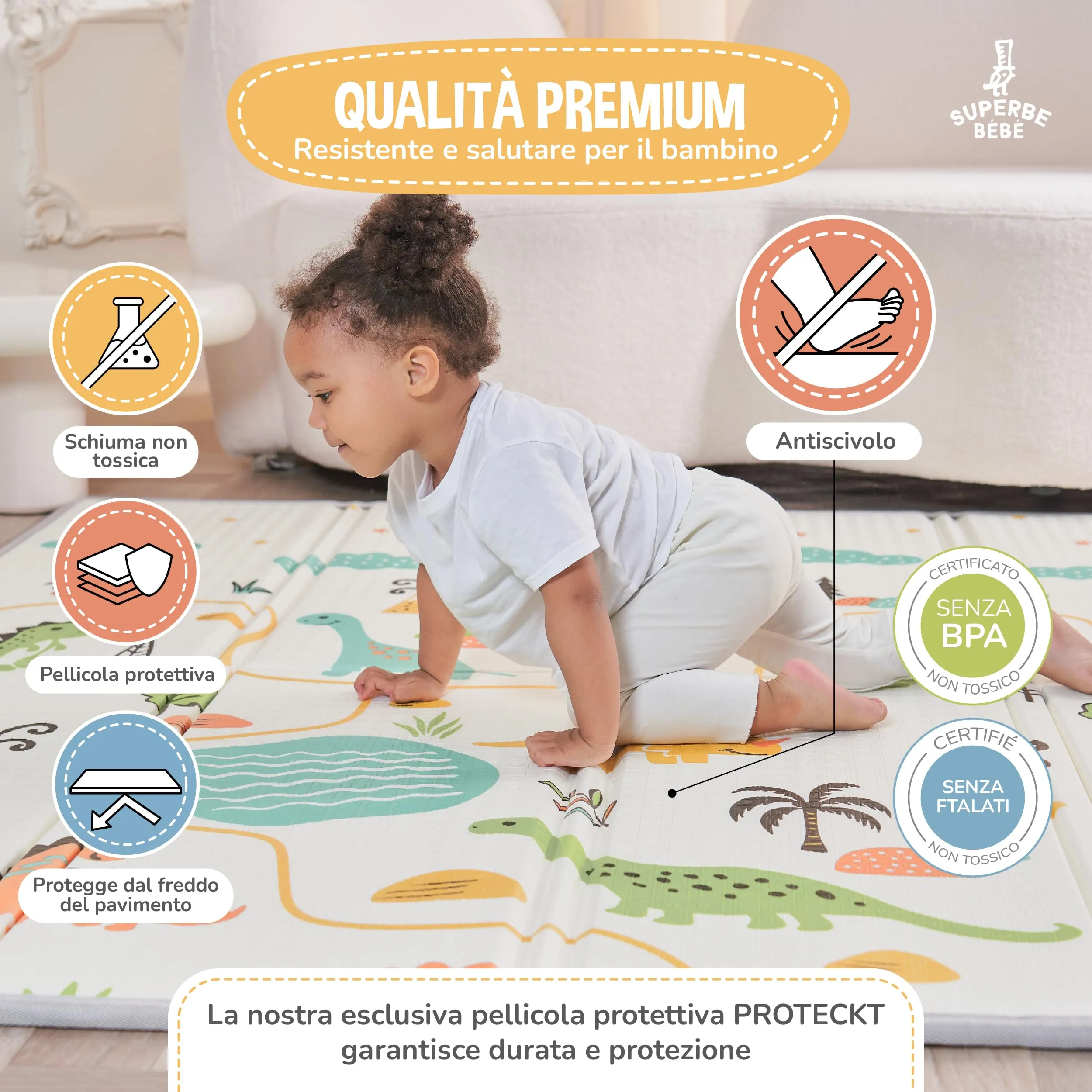 SUPERBE BEBE Tappeto Gioco Bambini Pieghevole Montessori 150x180x1cm Reversibile in Schiuma - immagine 5