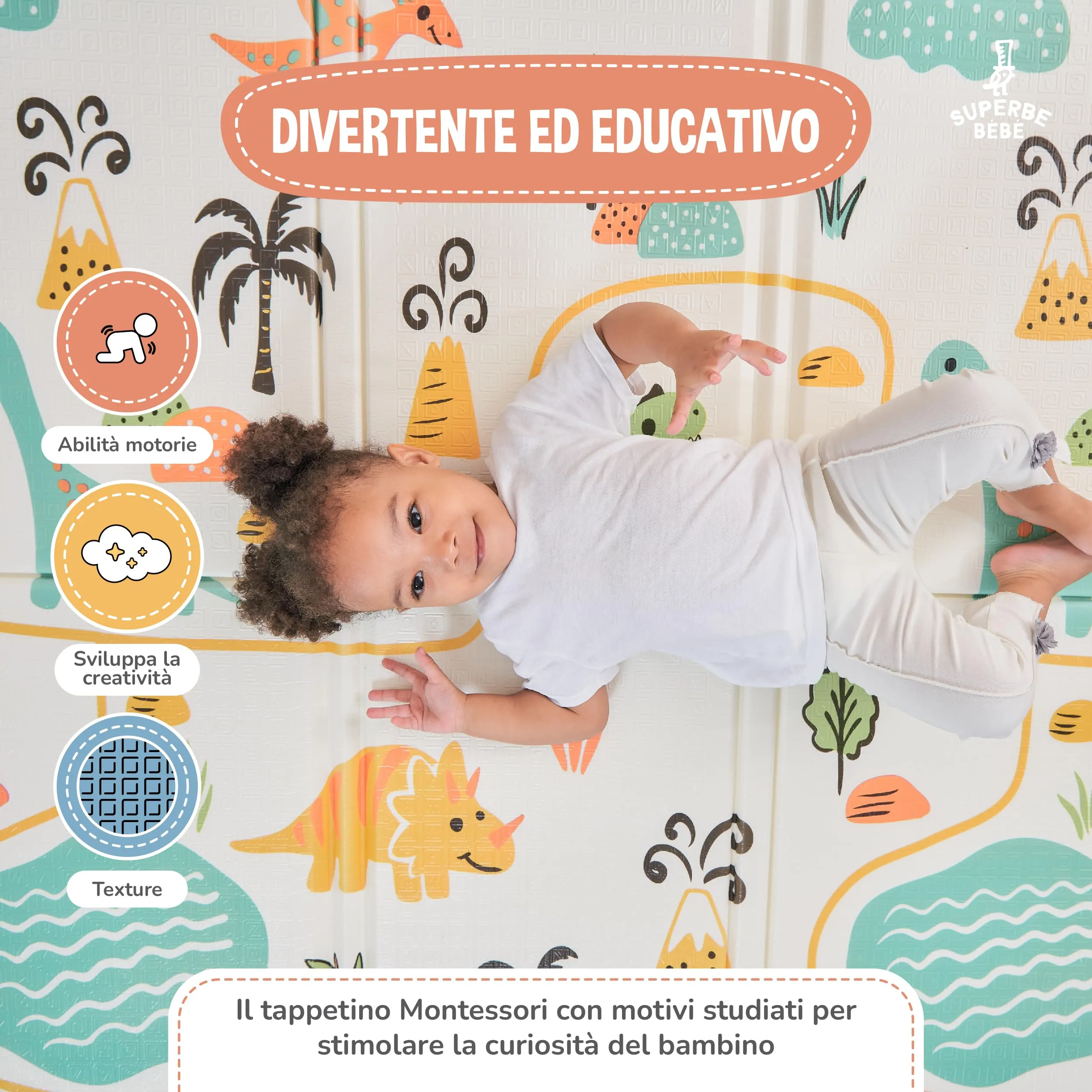 SUPERBE BEBE Tappeto Gioco Bambini Pieghevole Montessori 150x180x1cm Reversibile in Schiuma - immagine 6