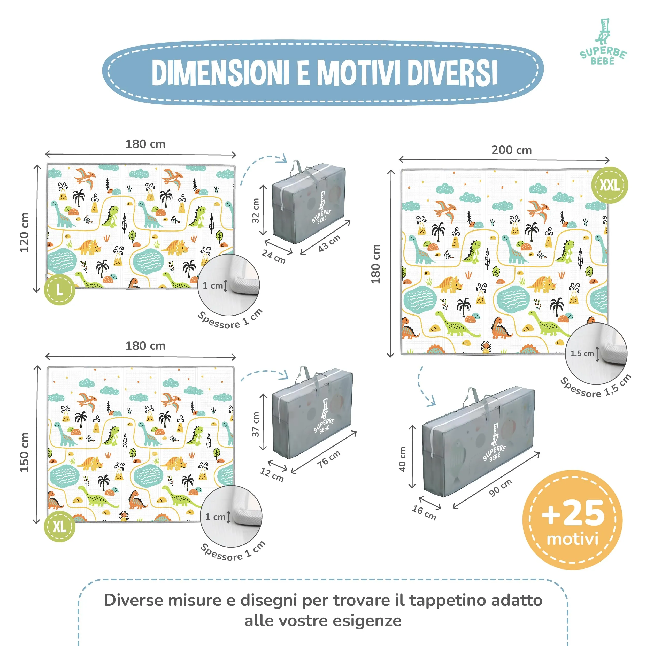 SUPERBE BEBE Tappeto Gioco Bambini Pieghevole Montessori 150x180x1cm Reversibile in Schiuma - immagine 7