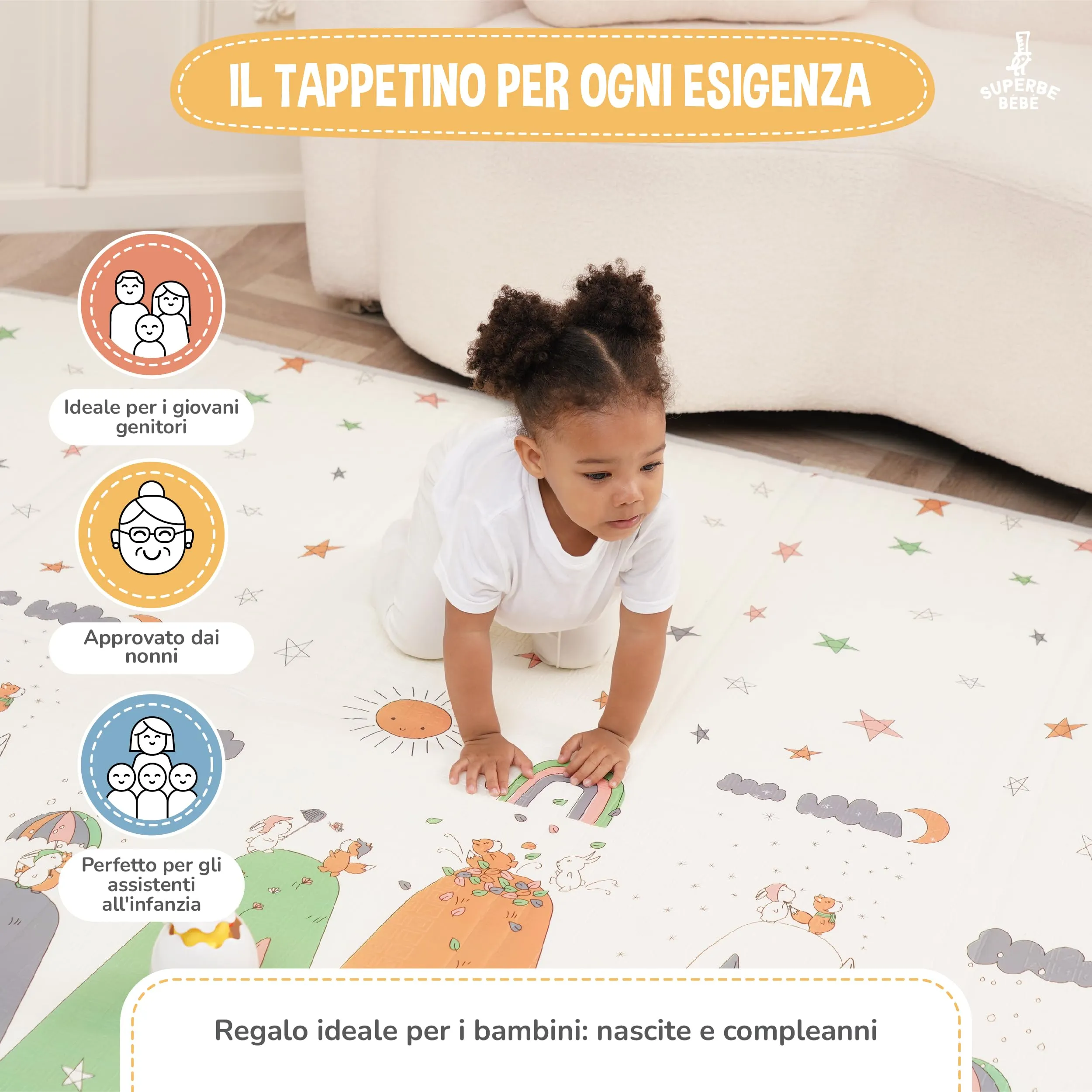 SUPERBE BEBE Tappeto Gioco Bambini Pieghevole Montessori 150x180x1cm Reversibile in Schiuma - immagine 8