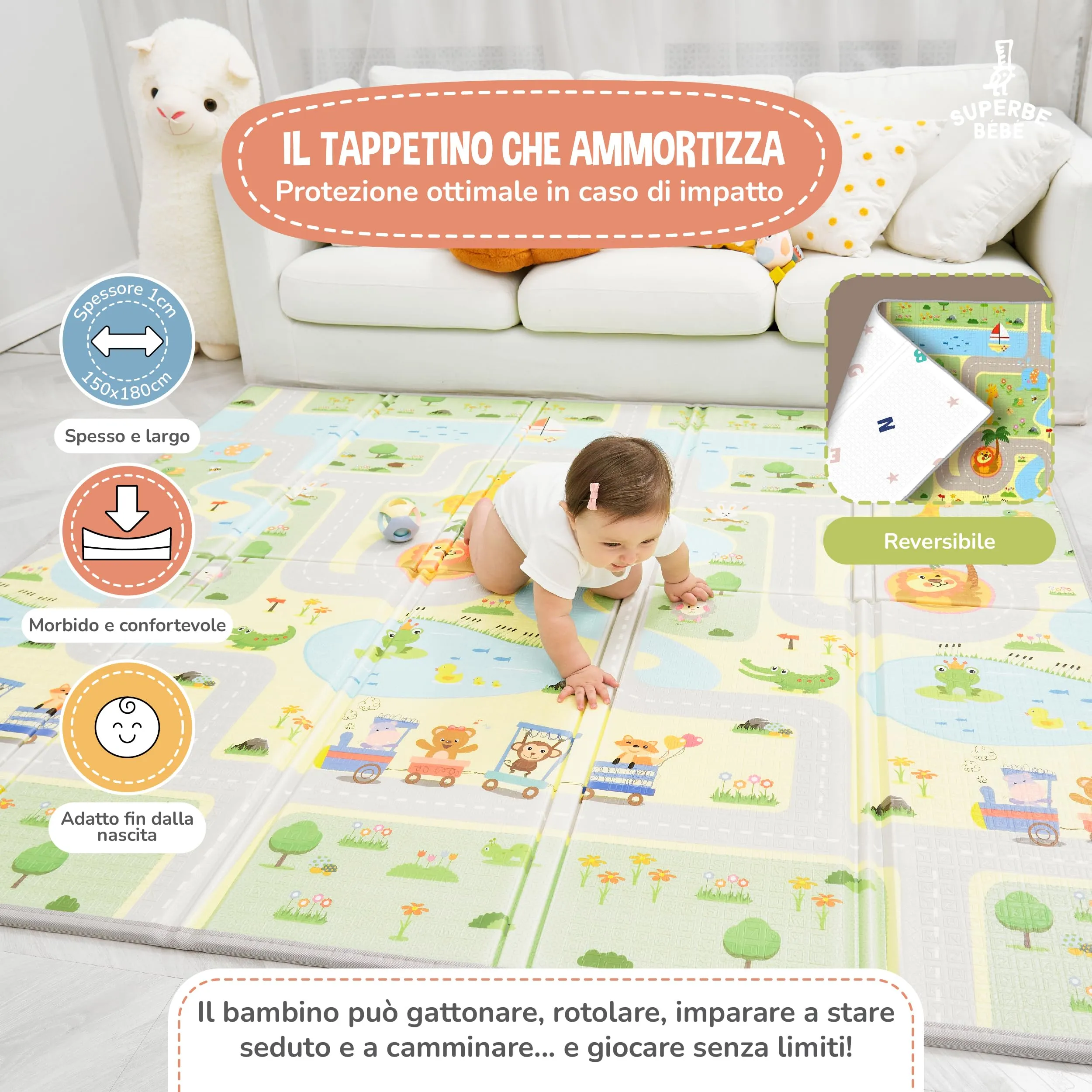 SUPERBE BEBE Tappeto Gioco Bambini Pieghevole Montessori 150x180x1cm Reversibile Impermeabile in Schiuma Green Road - immagine 2