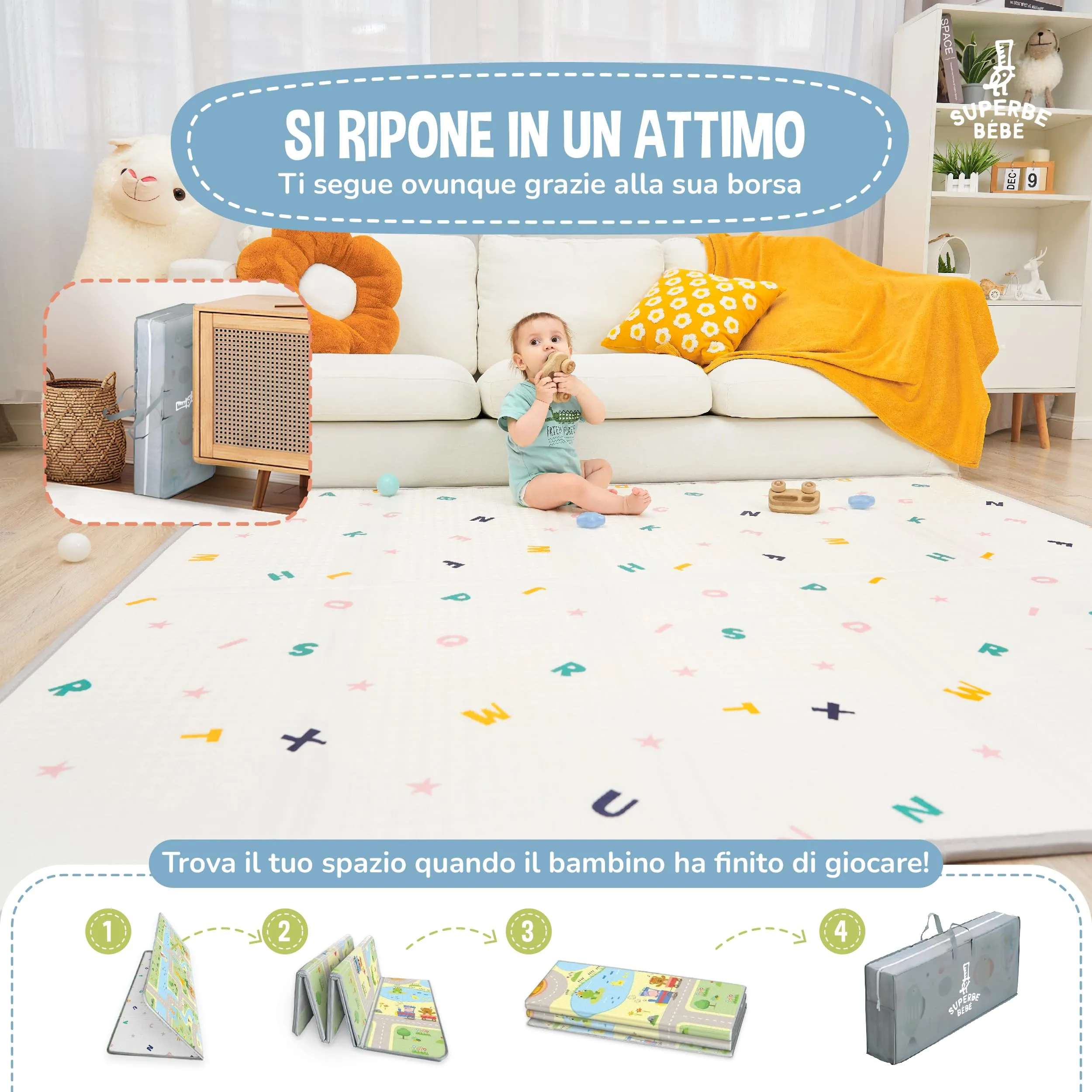 SUPERBE BEBE Tappeto Gioco Bambini Pieghevole Montessori 150x180x1cm Reversibile Impermeabile in Schiuma Green Road - immagine 3
