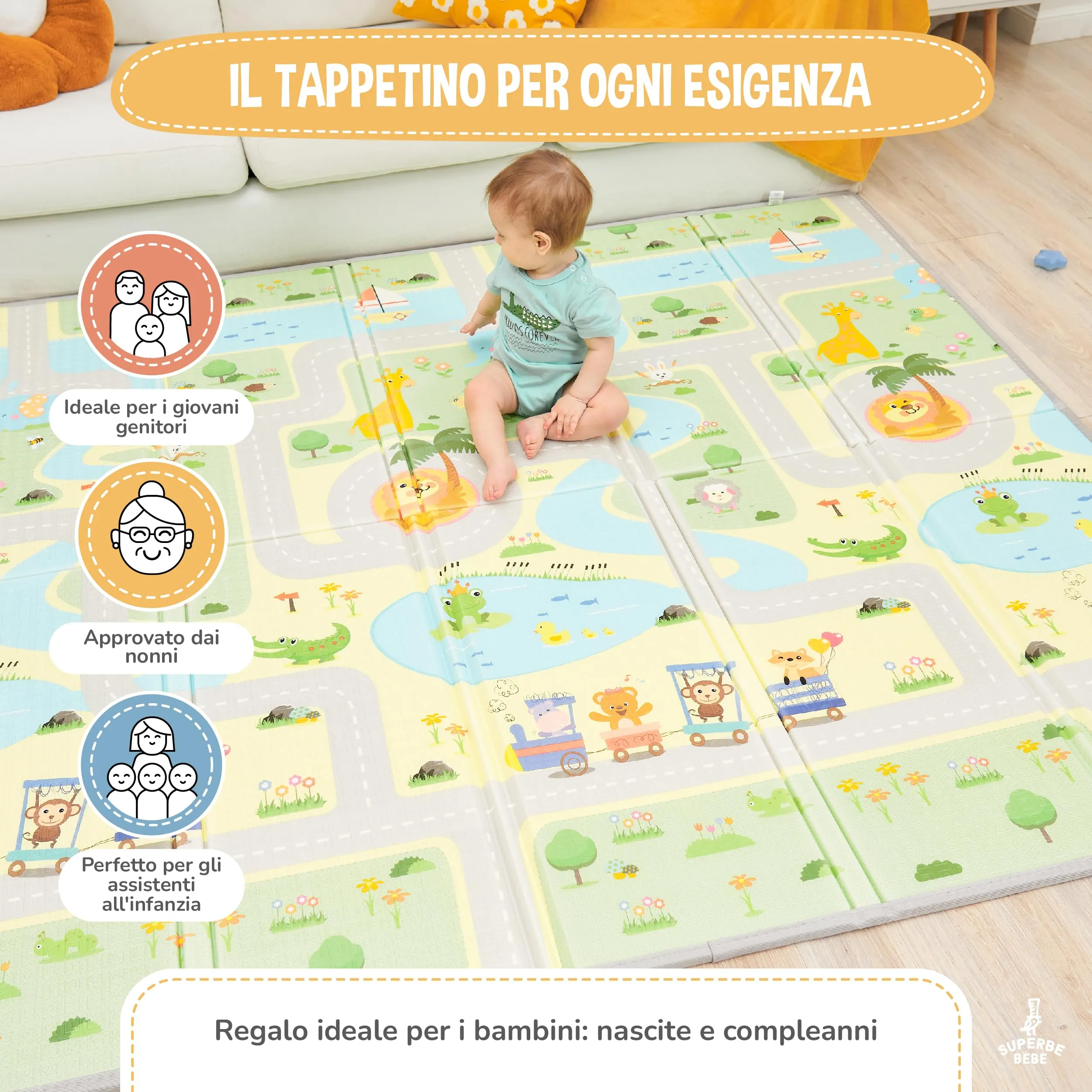 SUPERBE BEBE Tappeto Gioco Bambini Pieghevole Montessori 150x180x1cm Reversibile Impermeabile in Schiuma Green Road - immagine 4