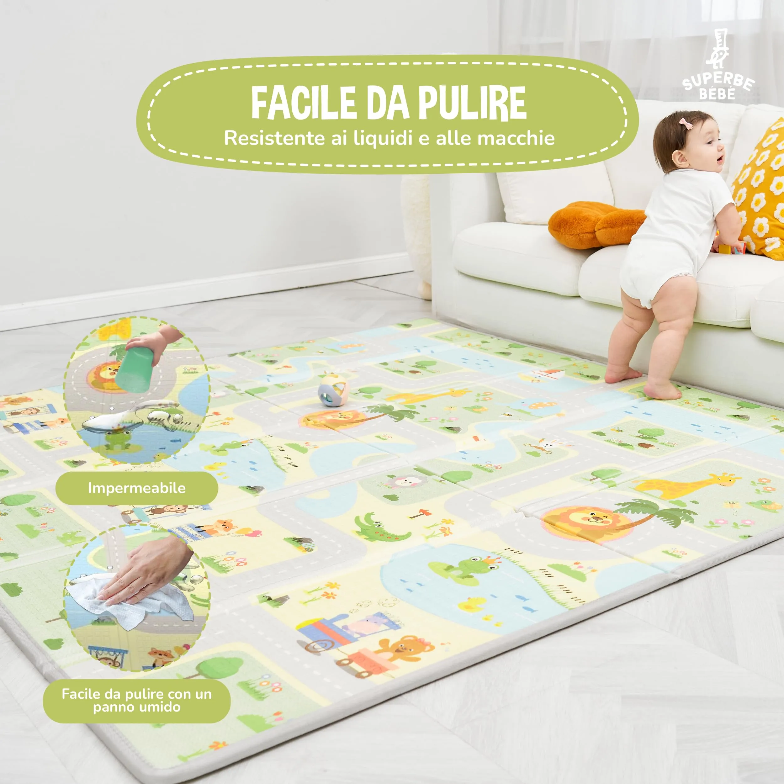 SUPERBE BEBE Tappeto Gioco Bambini Pieghevole Montessori 150x180x1cm Reversibile Impermeabile in Schiuma Green Road - immagine 8