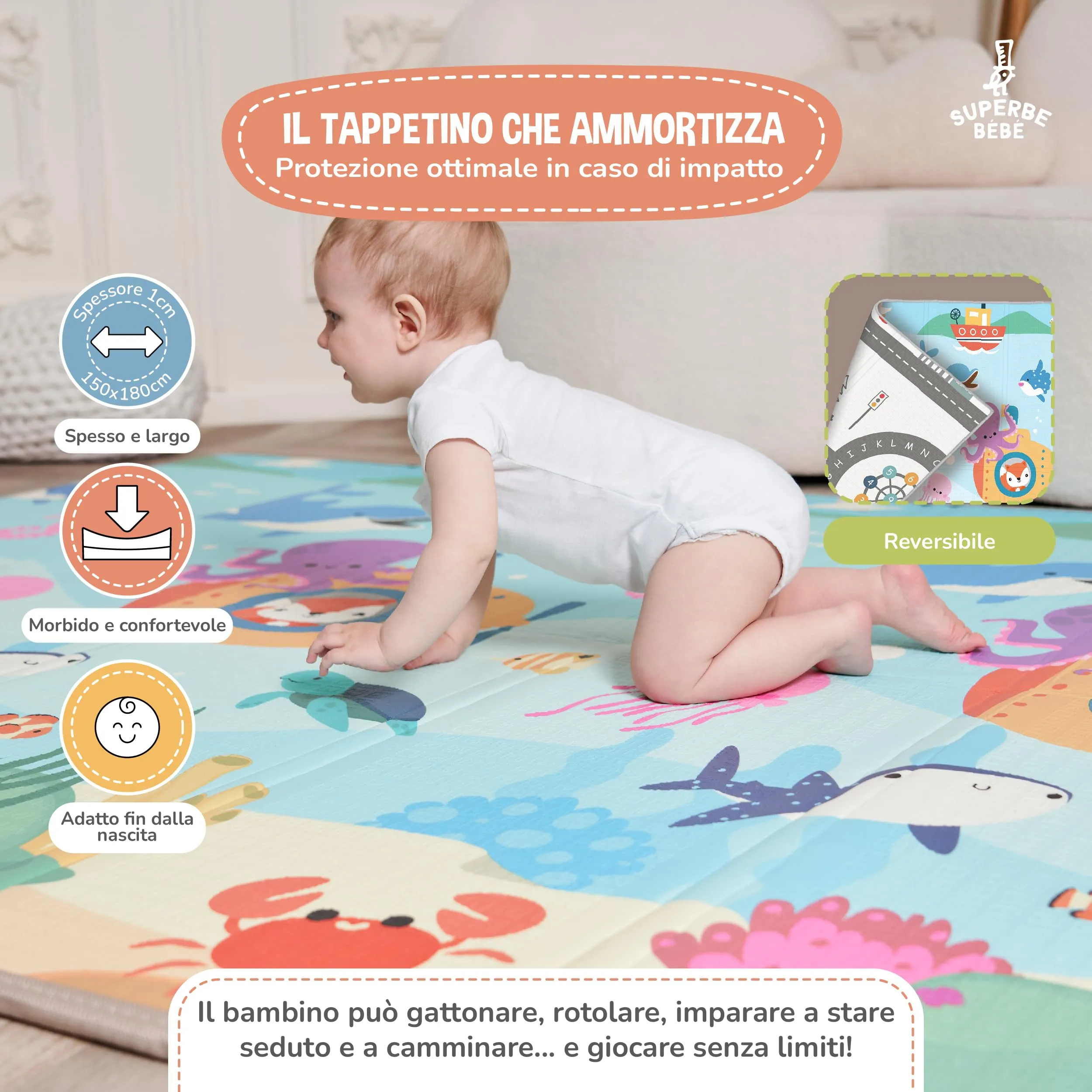 SUPERBE BEBE Tappeto Gioco Bambini Pieghevole Montessori Reversibile 150x180x1cm - immagine 2