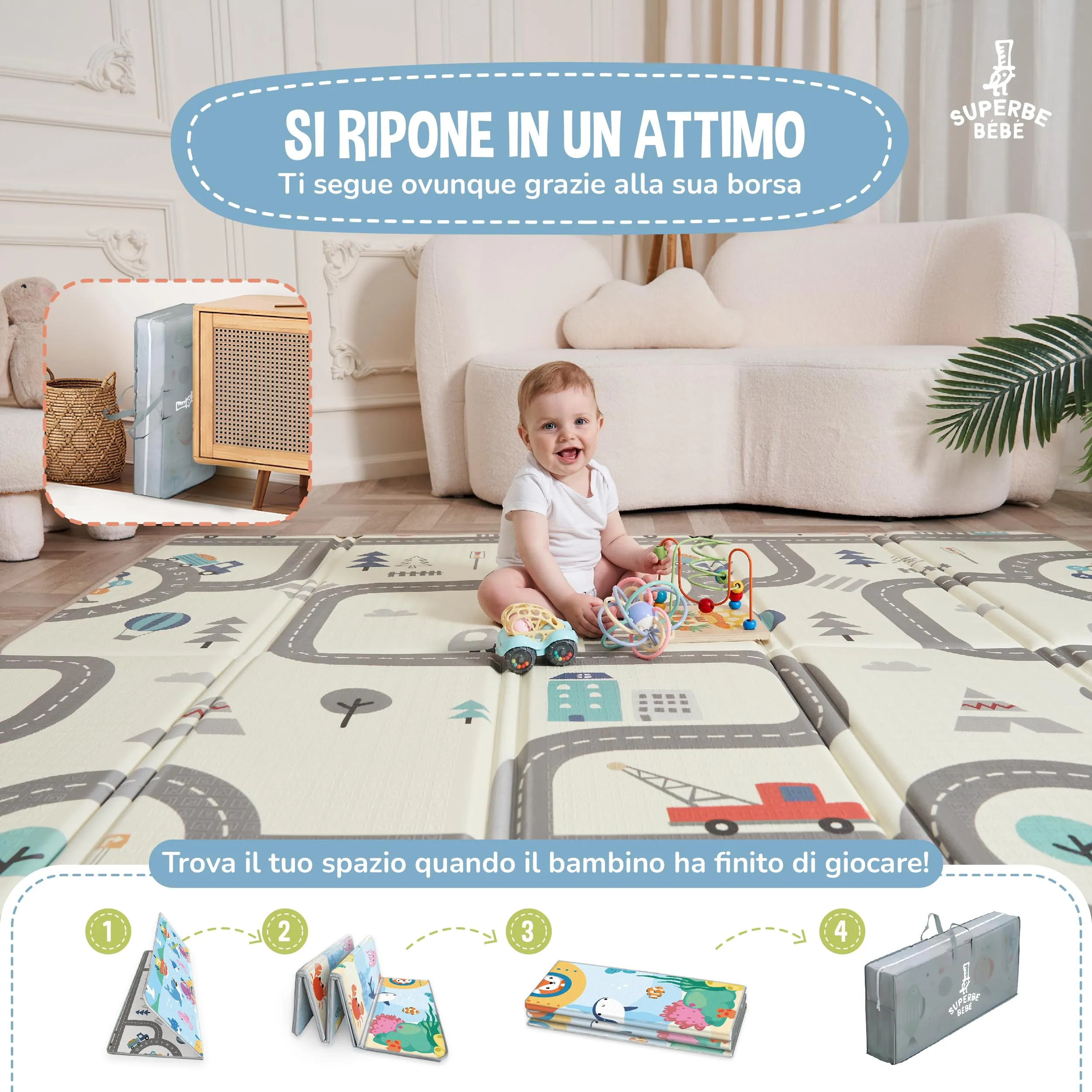 SUPERBE BEBE Tappeto Gioco Bambini Pieghevole Montessori Reversibile 150x180x1cm - immagine 3