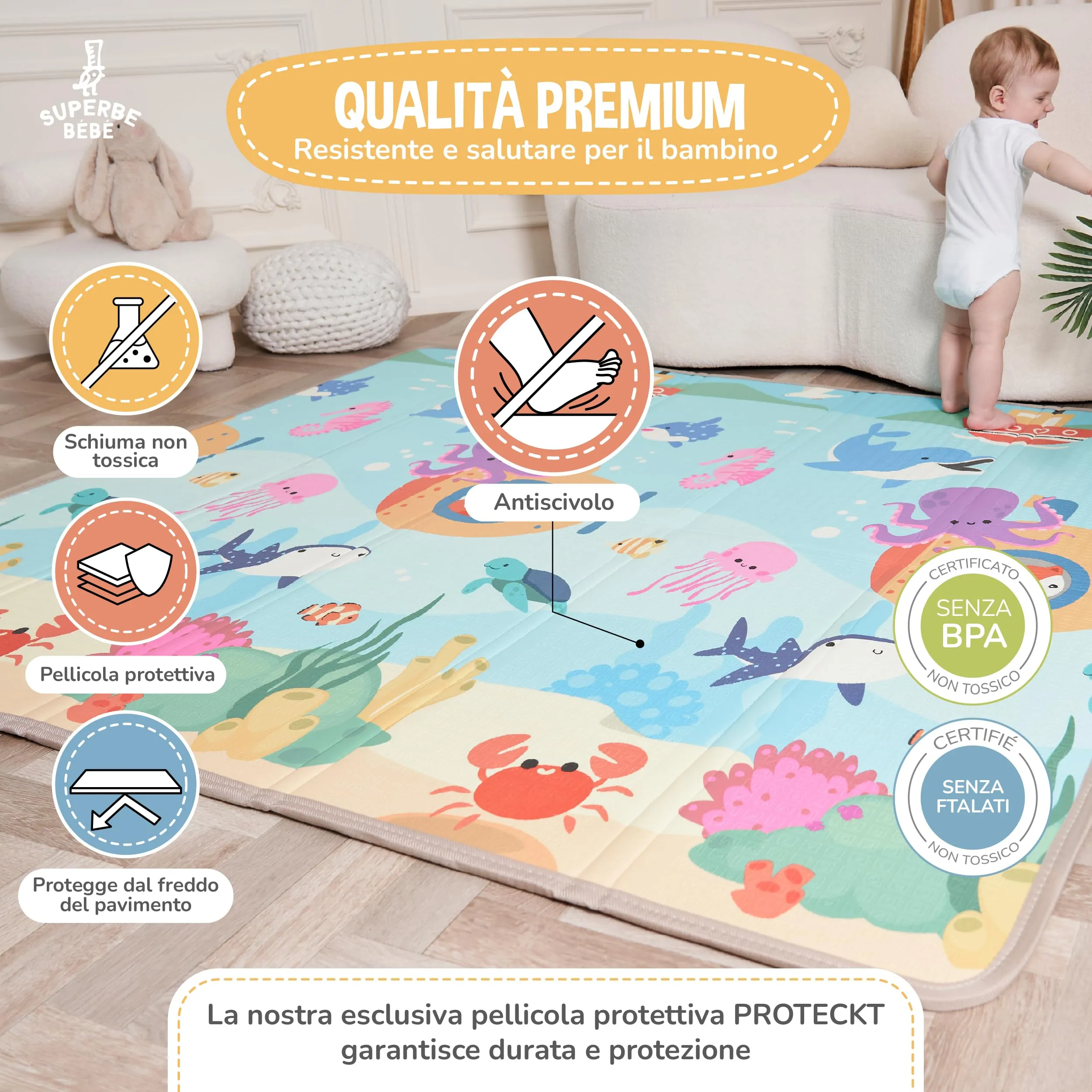SUPERBE BEBE Tappeto Gioco Bambini Pieghevole Montessori Reversibile 150x180x1cm - immagine 5