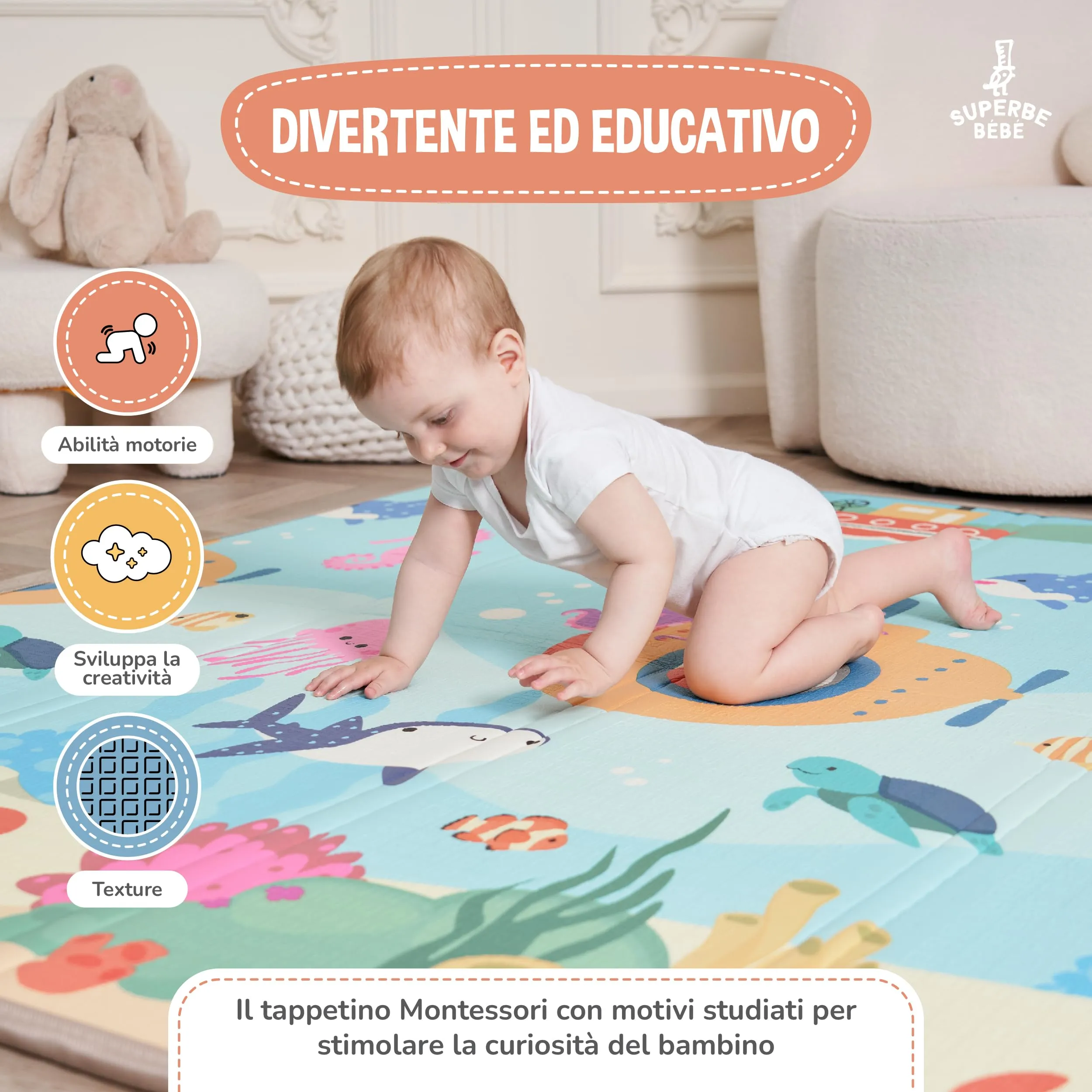 SUPERBE BEBE Tappeto Gioco Bambini Pieghevole Montessori Reversibile 150x180x1cm - immagine 6