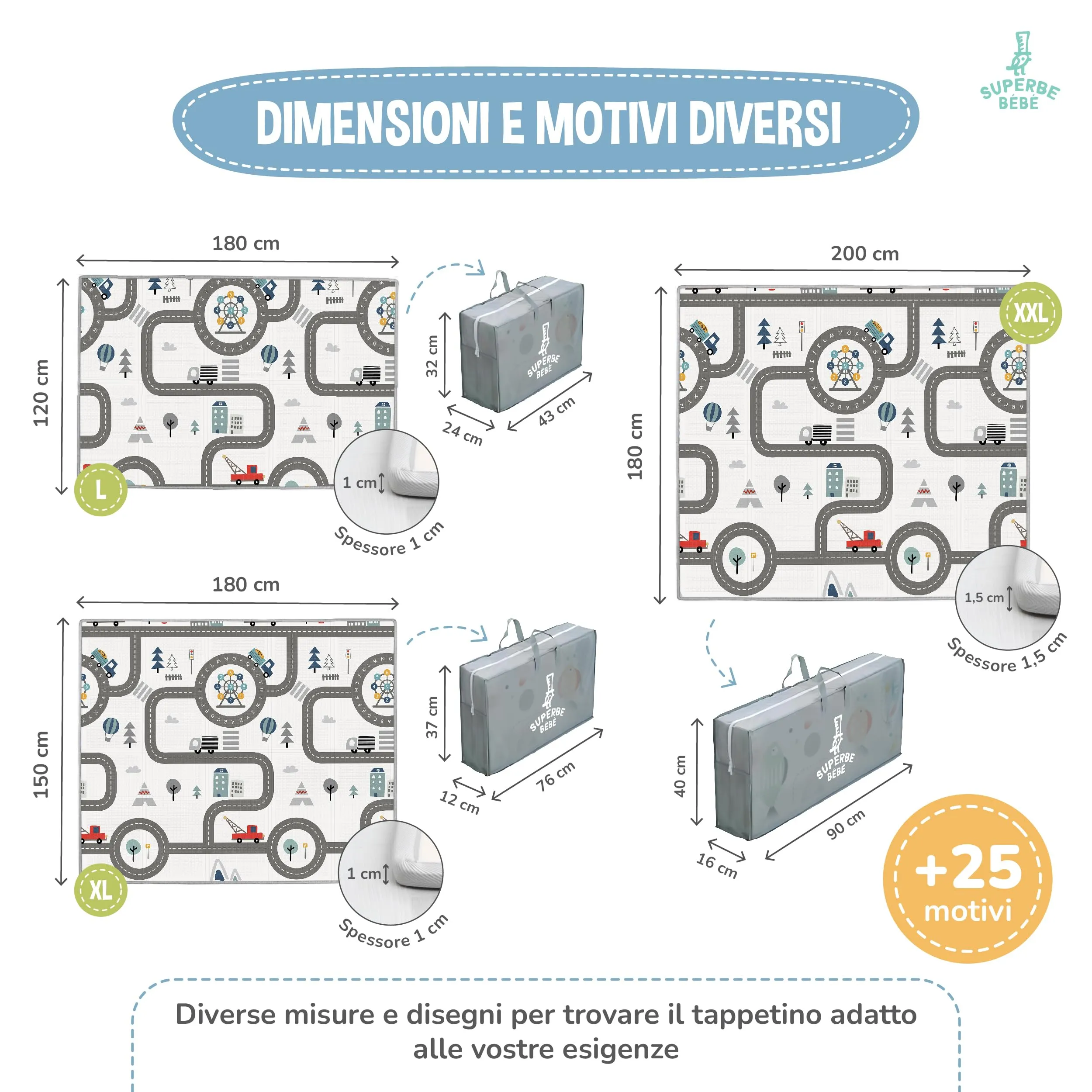 SUPERBE BEBE Tappeto Gioco Bambini Pieghevole Montessori Reversibile 150x180x1cm - immagine 7
