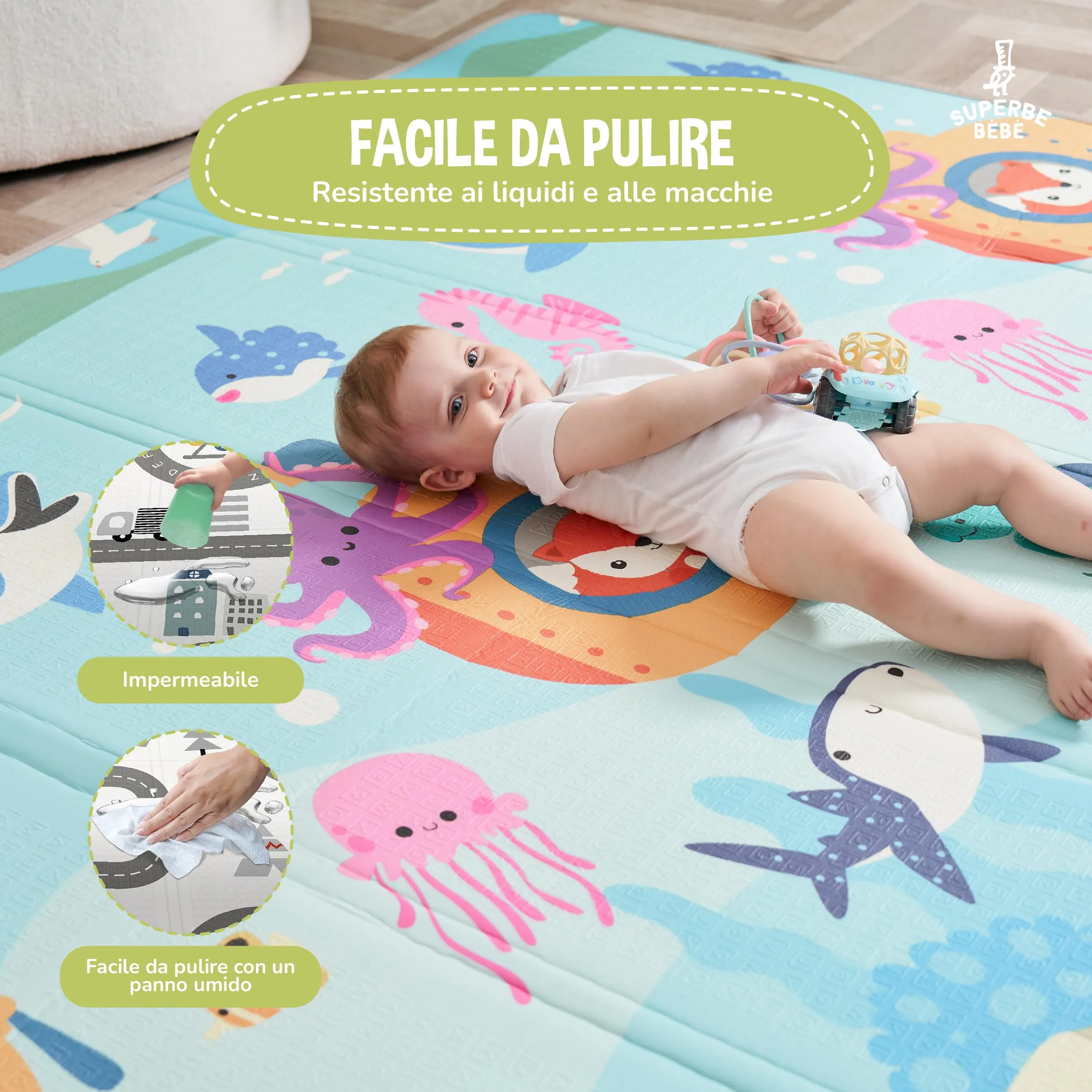 SUPERBE BEBE Tappeto Gioco Bambini Pieghevole Montessori Reversibile 150x180x1cm - immagine 8