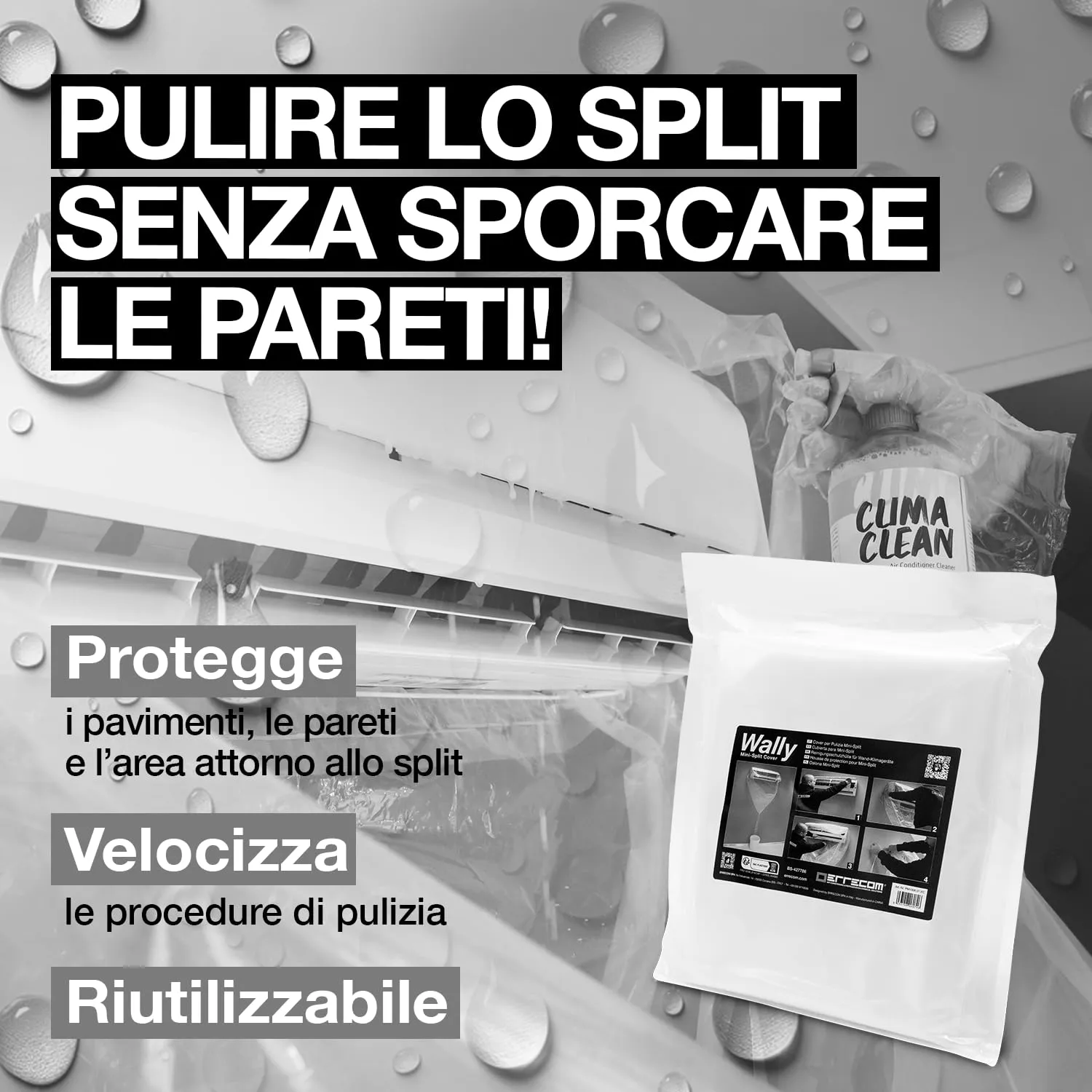 Errecom Kit Pulizia Climatizzatori Clima-Net + Wally, Detergente 1L e Cover di Protezione per Split e Unità Interne - immagine 2
