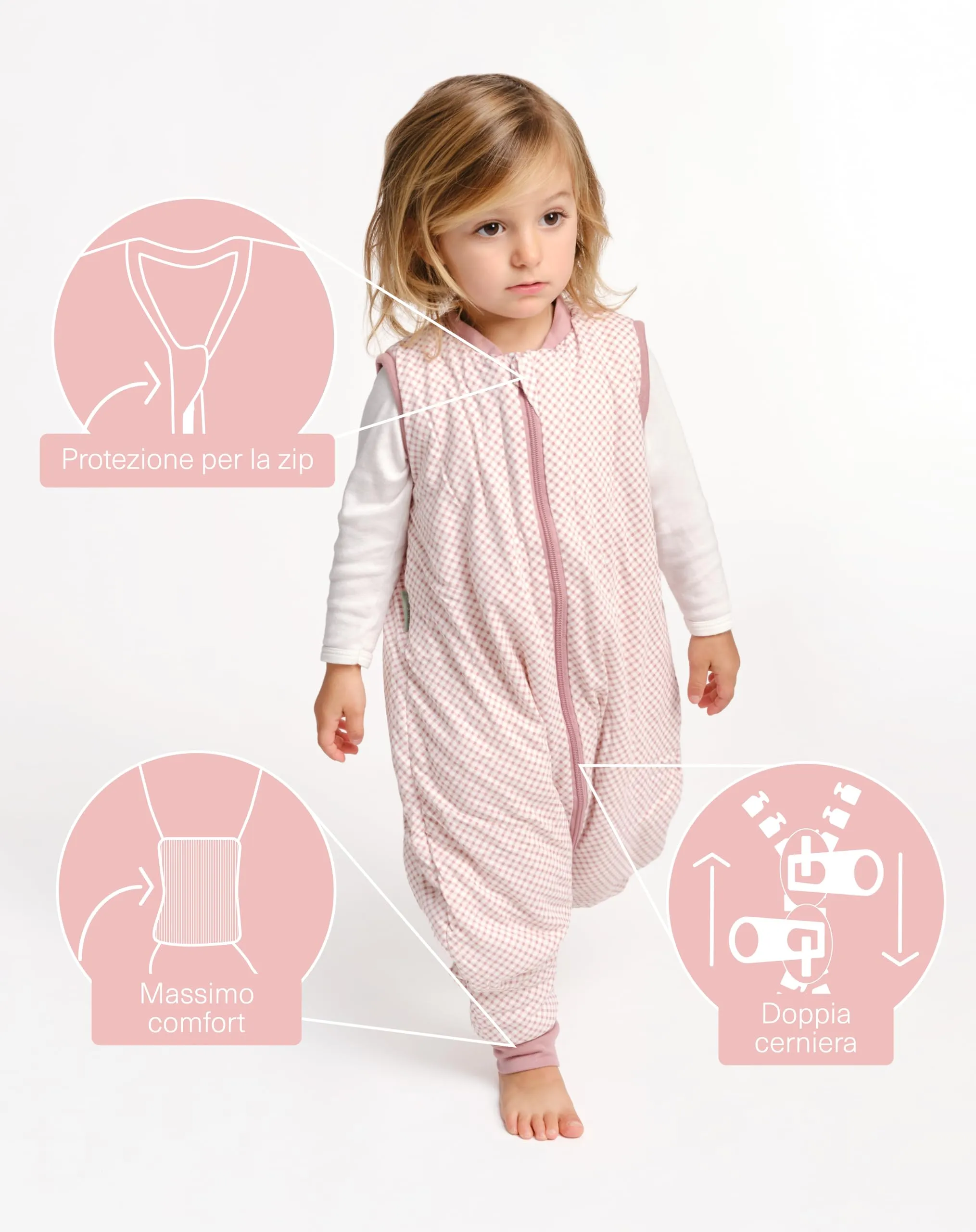 molis & co Sacco Nanna con piedini, 1 TOG, 100% Cotone Oeko-TEX 100, Vichy Pink (1 anno) - immagine 3