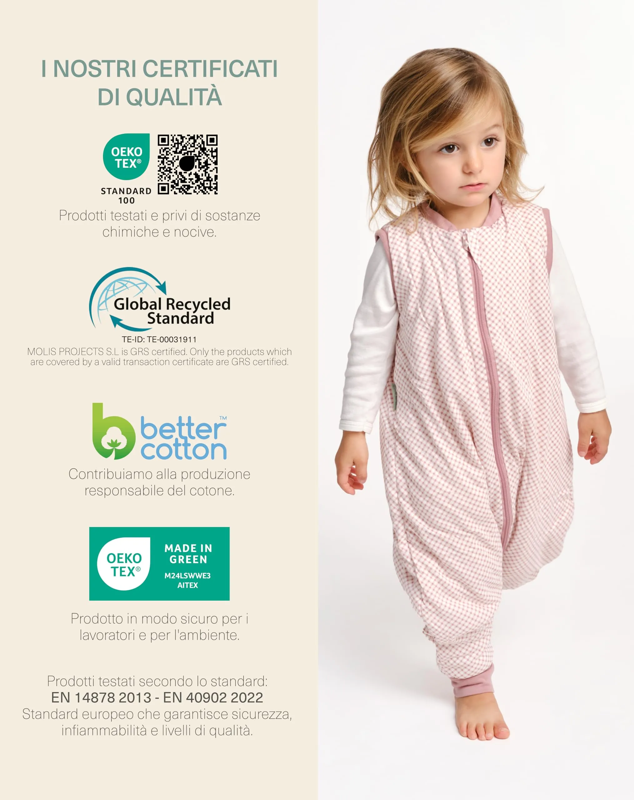 molis & co Sacco Nanna con piedini, 1 TOG, 100% Cotone Oeko-TEX 100, Vichy Pink (1 anno) - immagine 7