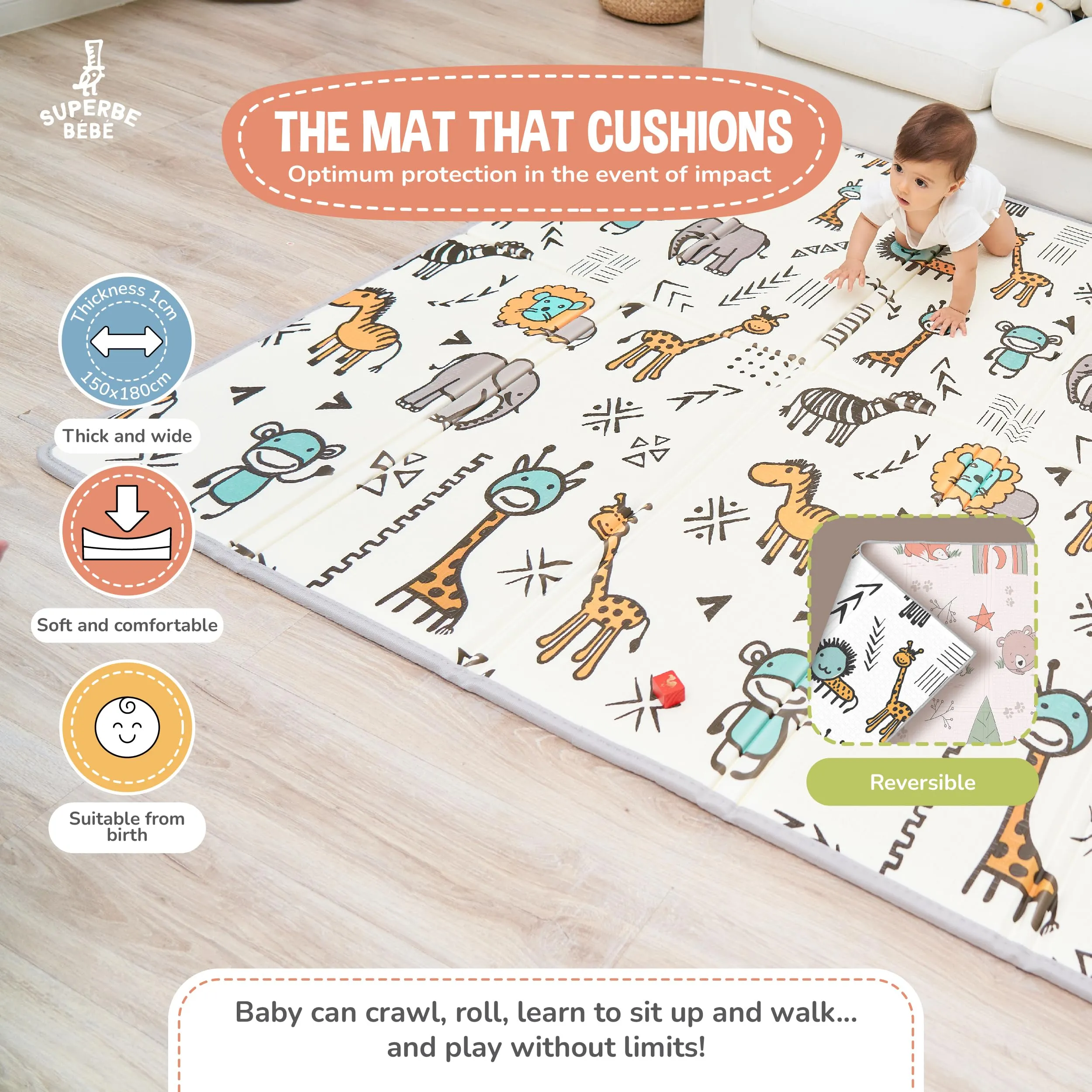 SUPERBE BEBE Tappeto Gioco Bambini Pieghevole 150x180x1cm Montessori Reversibile in Schiuma Fox-crazi Safari - immagine 2