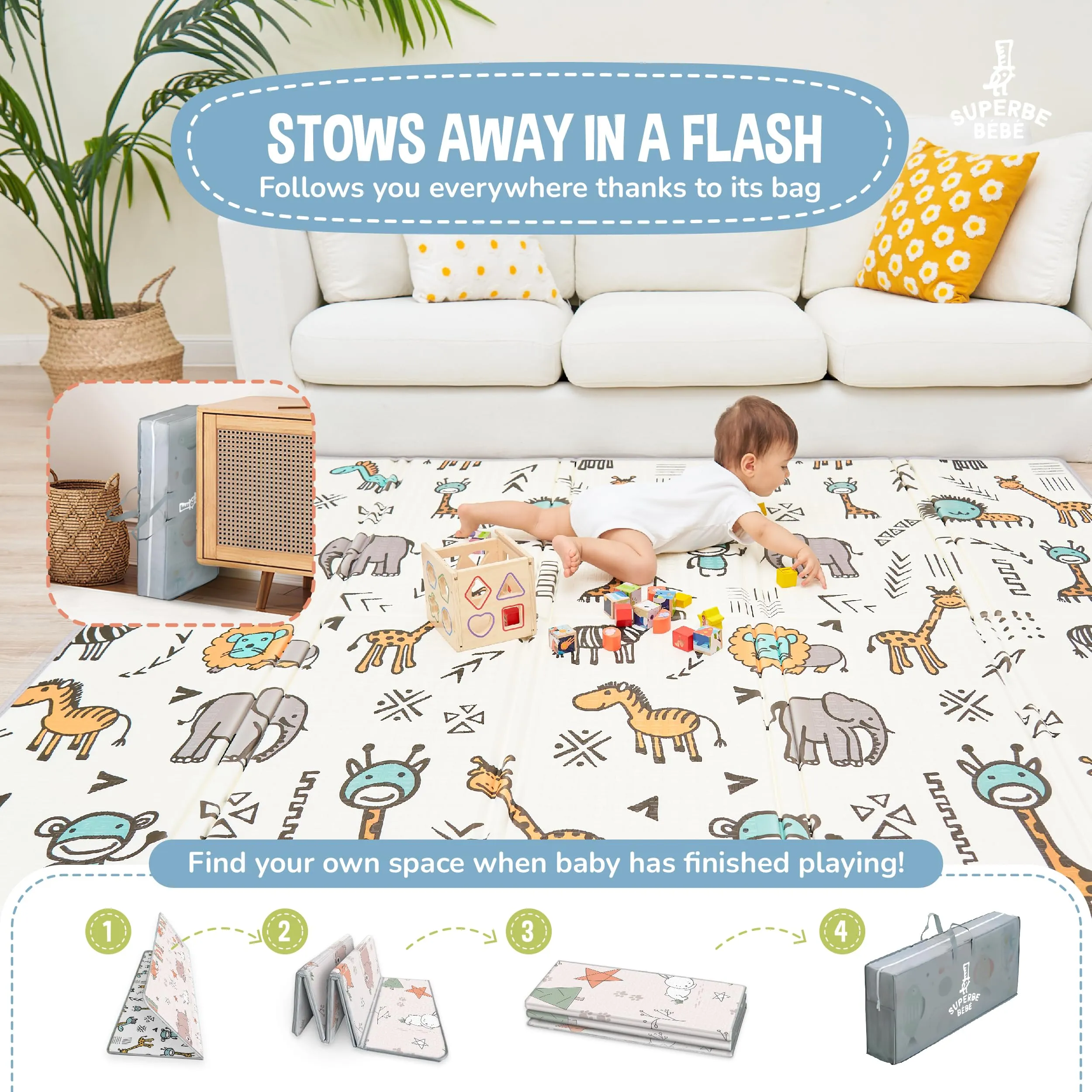 SUPERBE BEBE Tappeto Gioco Bambini Pieghevole 150x180x1cm Montessori Reversibile in Schiuma Fox-crazi Safari - immagine 3