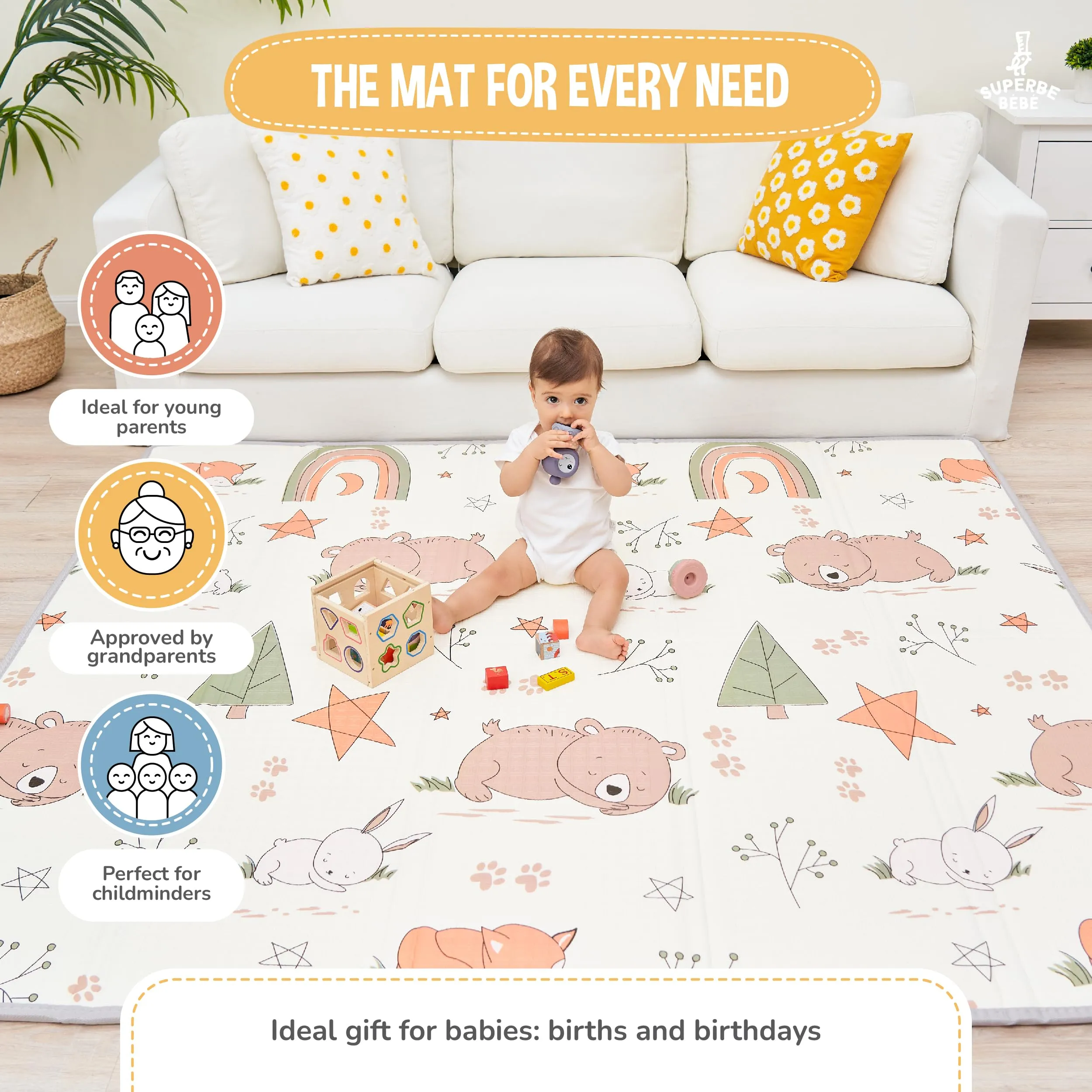 SUPERBE BEBE Tappeto Gioco Bambini Pieghevole 150x180x1cm Montessori Reversibile in Schiuma Fox-crazi Safari - immagine 4