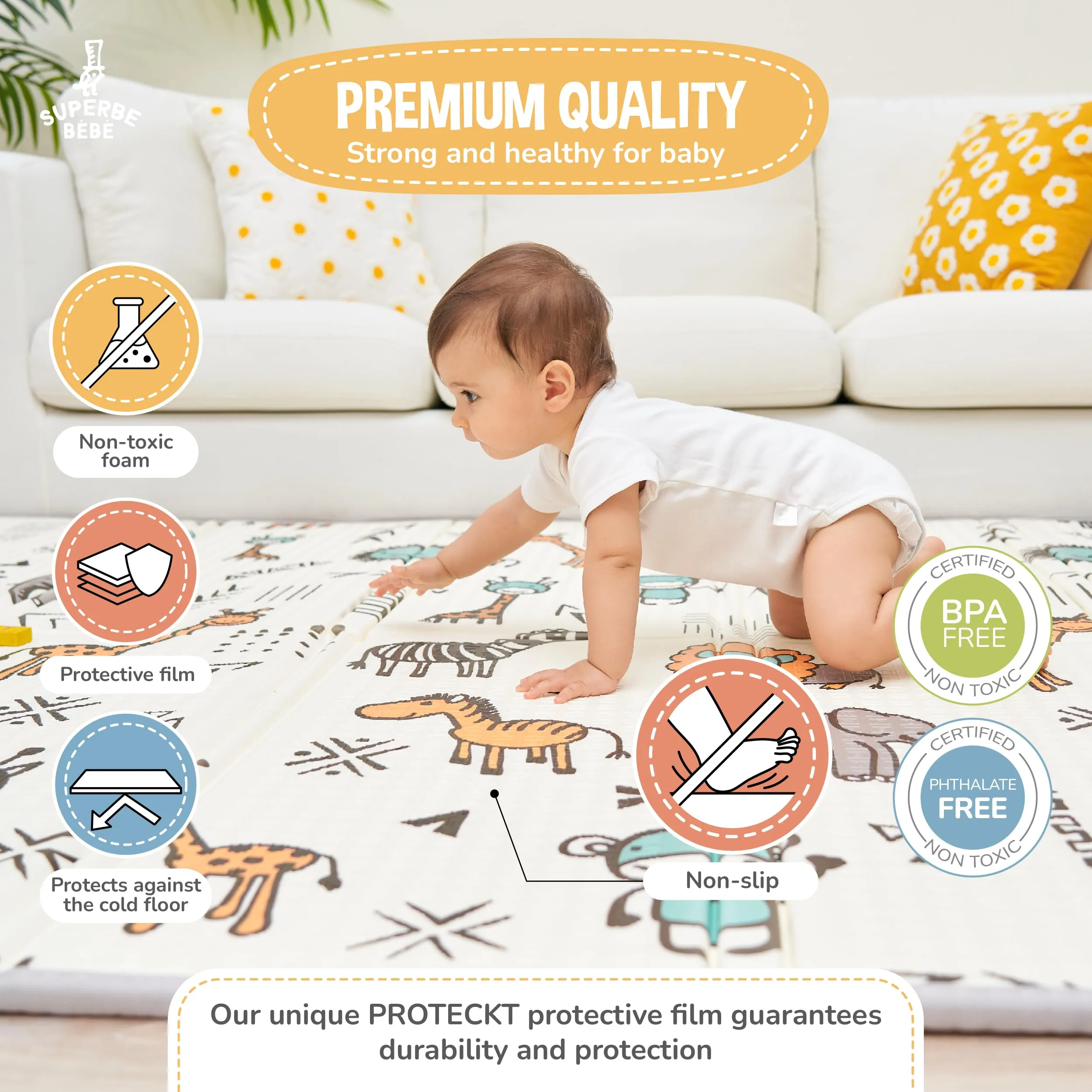 SUPERBE BEBE Tappeto Gioco Bambini Pieghevole 150x180x1cm Montessori Reversibile in Schiuma Fox-crazi Safari - immagine 5