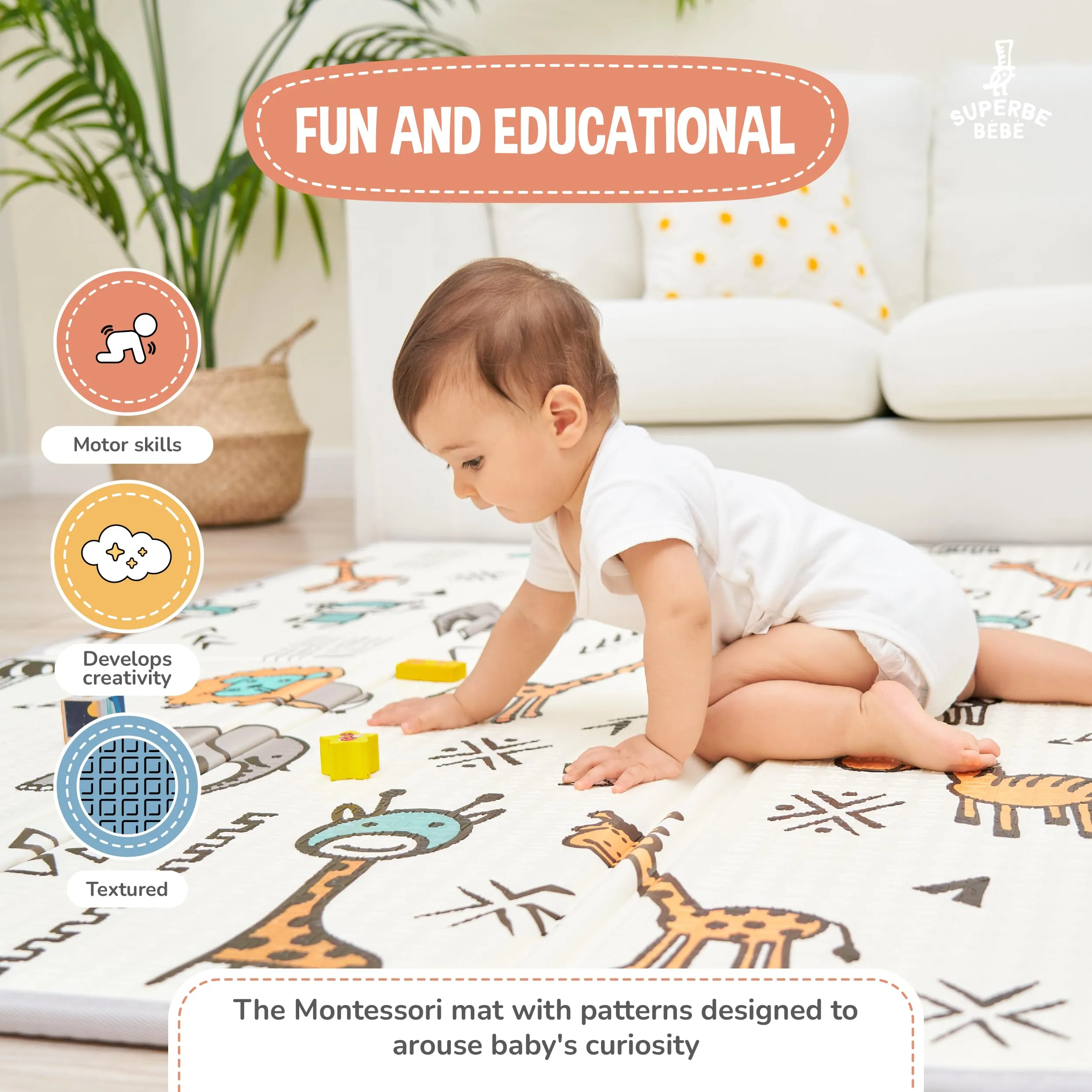 SUPERBE BEBE Tappeto Gioco Bambini Pieghevole 150x180x1cm Montessori Reversibile in Schiuma Fox-crazi Safari - immagine 6