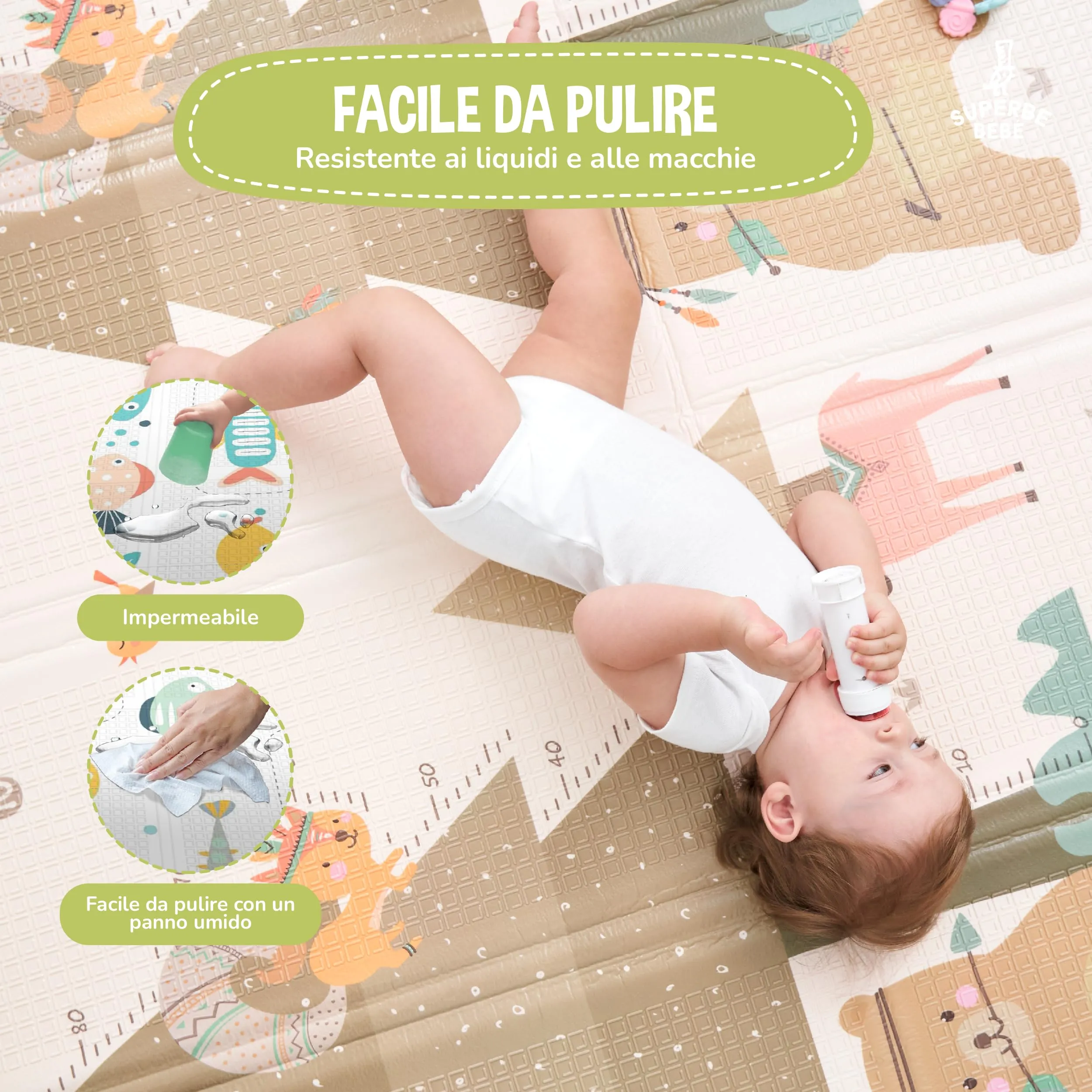 SUPERBE BEBE Tappeto Gioco Bambini Pieghevole 150x180x1cm Montessori Reversibile in Schiuma - immagine 4