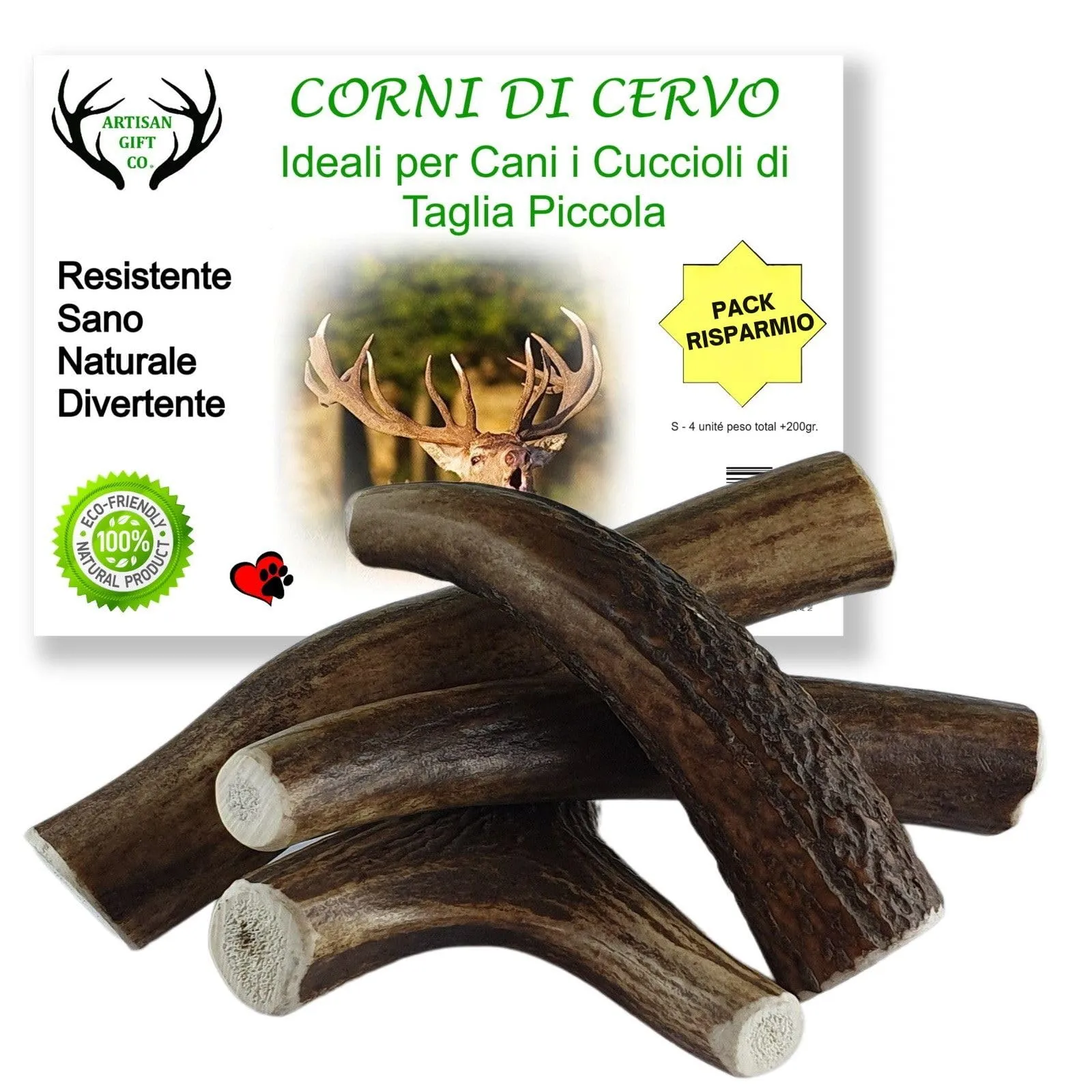 Artisan Gift Co Corno di Cervo per Cani, Taglia S, 50 g (Confezione da 4) - immagine 1