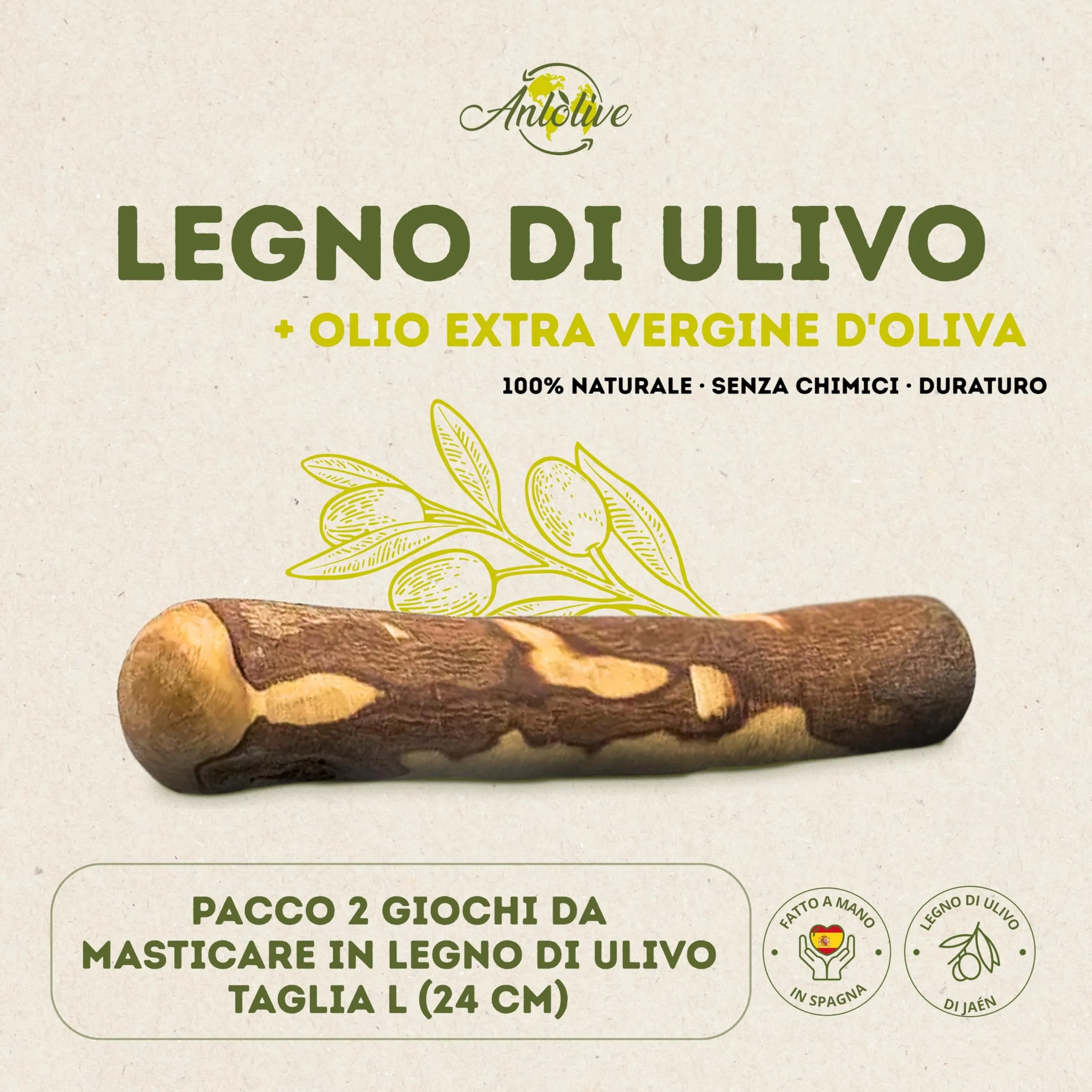 Anlolive Giochi da Masticare Naturali in Legno d’Ulivo, Set da 2, Taglia L 20-23 cm per Cani Medi e Grandi - immagine 2
