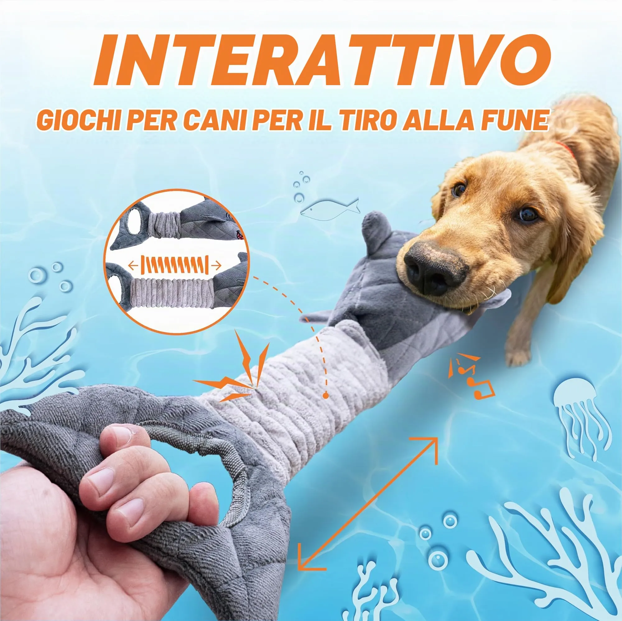 Vitscan Giocattoli per Cani a Forma di Squalo, Peluche Resistente con Suoni Cigolanti e Sfrigolati, Interattivo per Masticatori Aggressivi, Grigio - immagine 2
