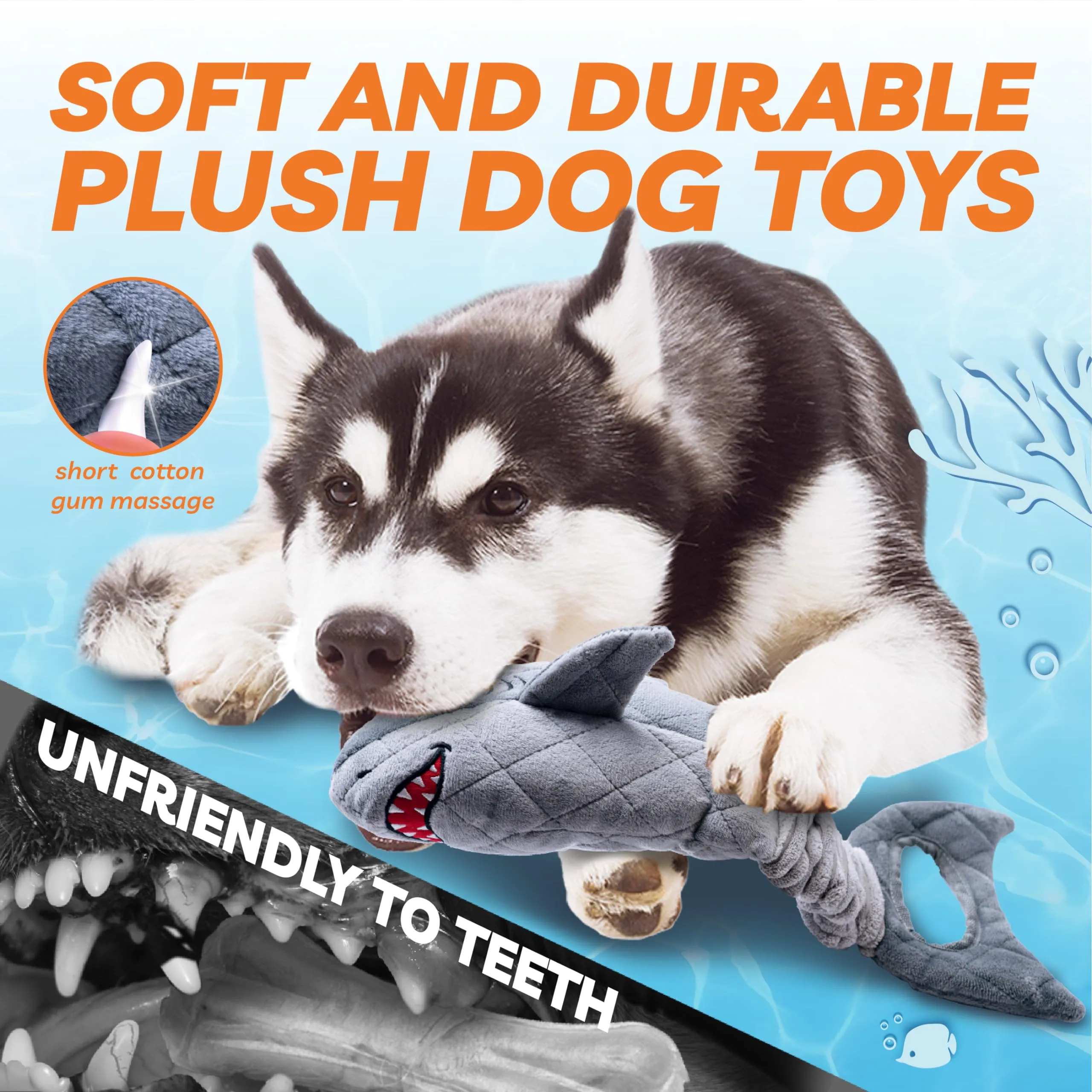 Vitscan Giocattoli per Cani a Forma di Squalo, Peluche Resistente con Suoni Cigolanti e Sfrigolati, Interattivo per Masticatori Aggressivi, Grigio - immagine 3