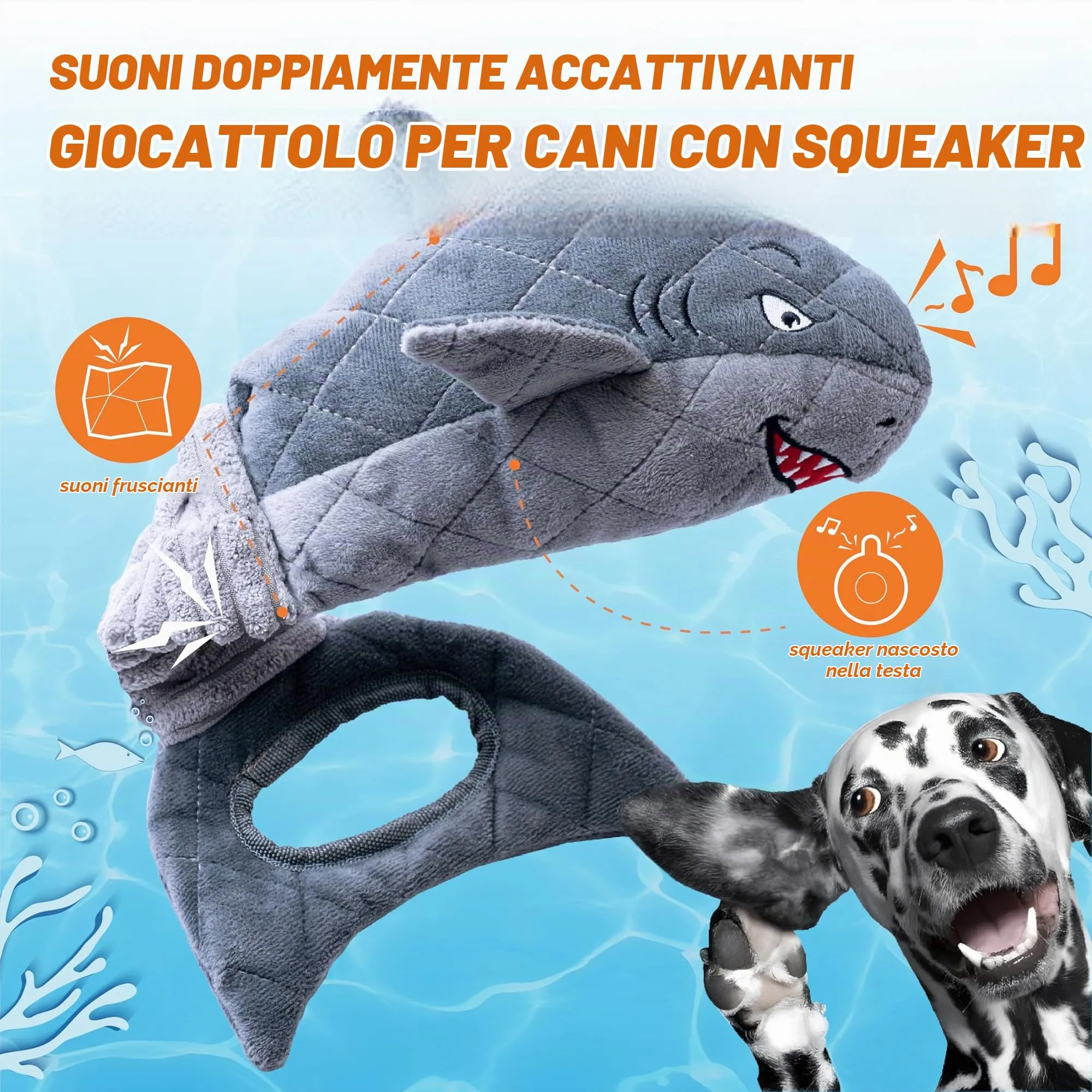 Vitscan Giocattoli per Cani a Forma di Squalo, Peluche Resistente con Suoni Cigolanti e Sfrigolati, Interattivo per Masticatori Aggressivi, Grigio - immagine 4