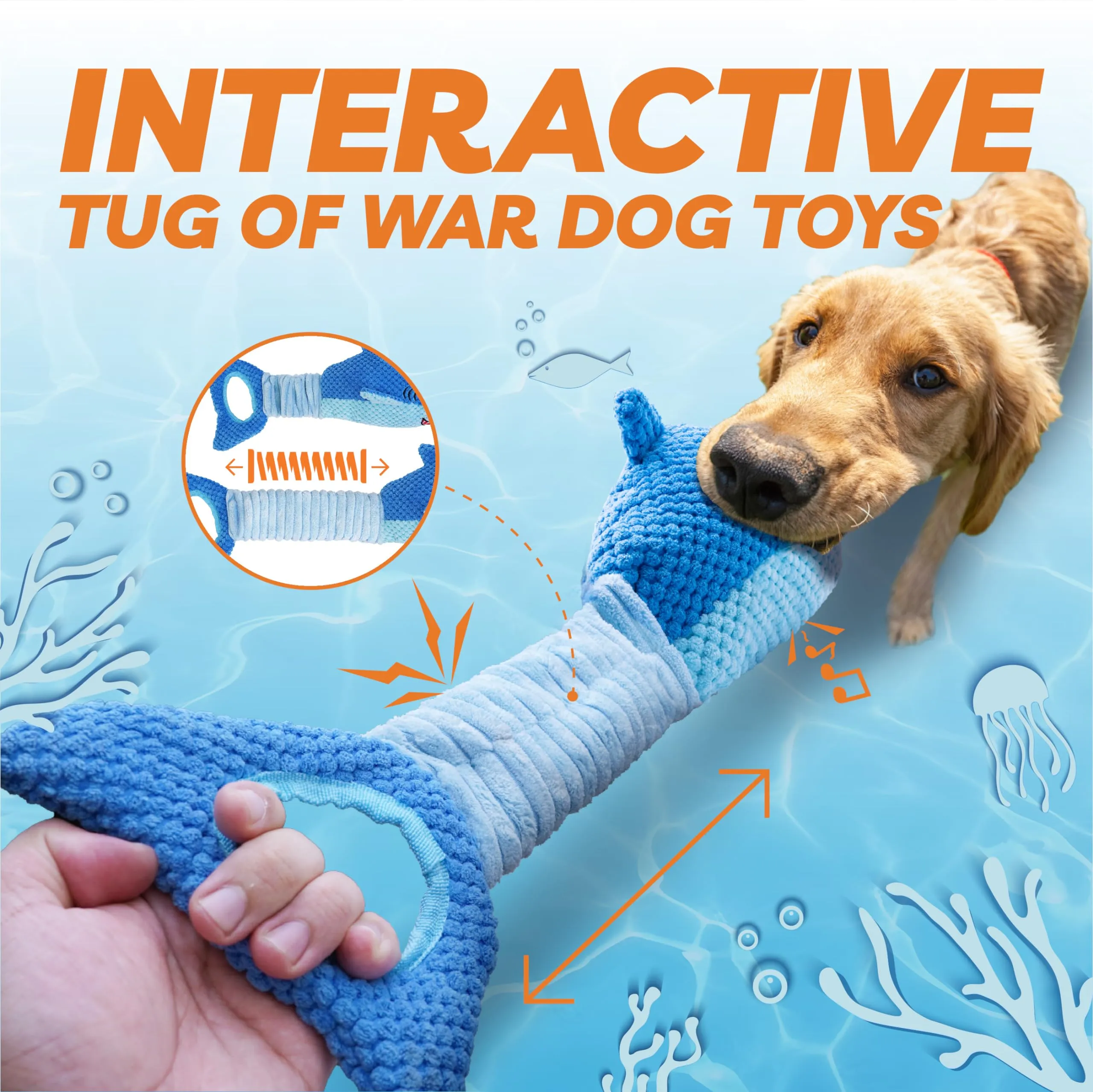 Vitscan Giocattolo per Cani a Forma di Squalo in Peluche, Giocattolo Interattivo con Suoni e Coda Retrattile per Masticatori Aggressivi, Taglia Large - immagine 2