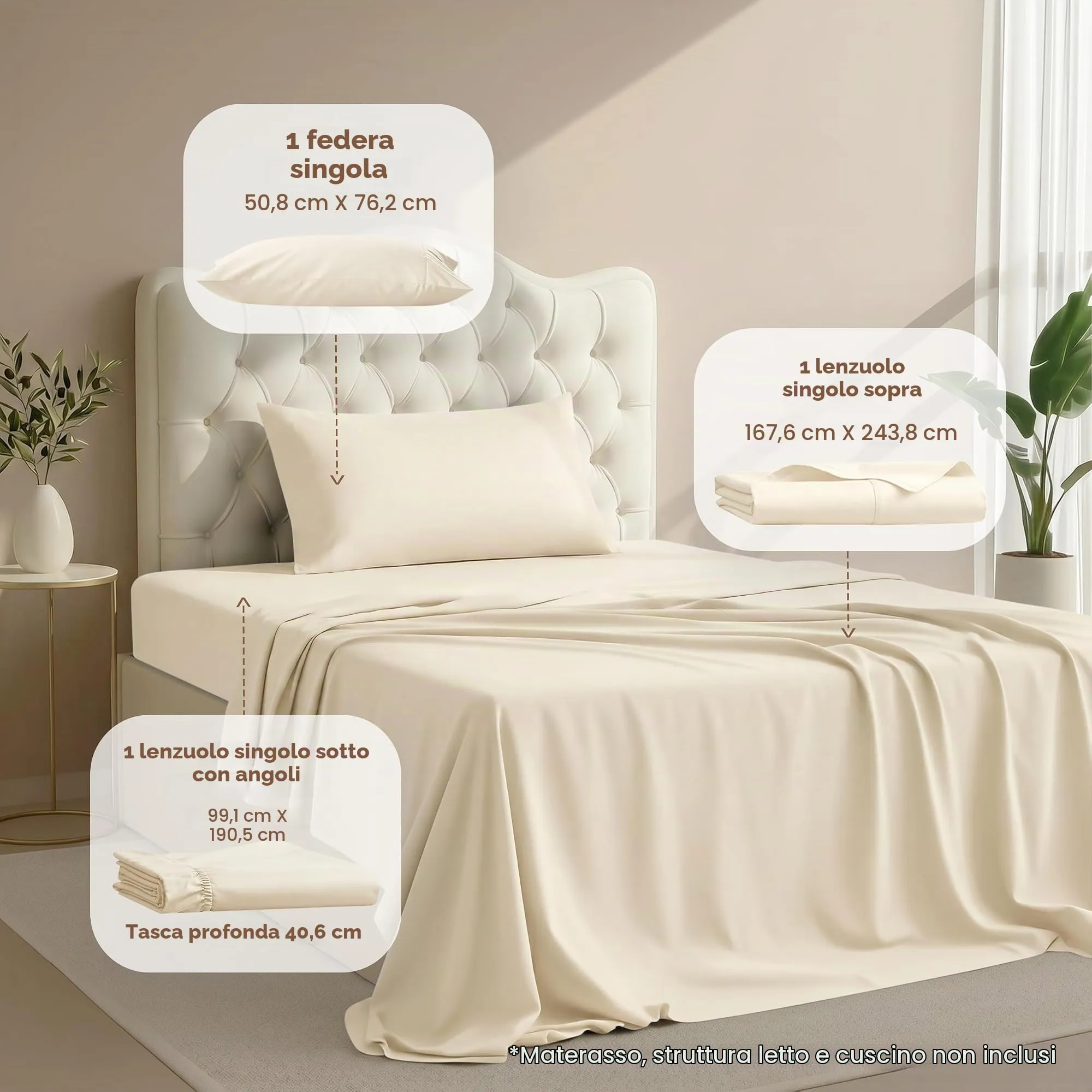 Utopia Bedding Set di lenzuola per letto singolo, 3 pezzi, Avorio, USA Twin - immagine 2