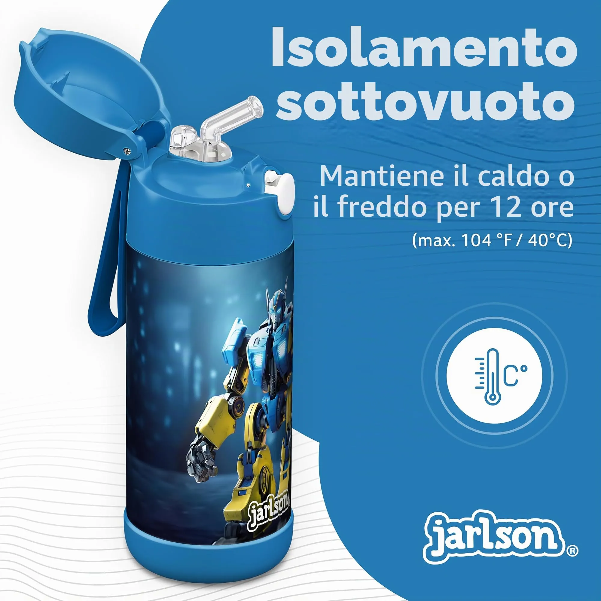 Jarlson Borraccia Termica Bambini Charli 350ml con Cannuccia - Acciaio Inox (Robot) - immagine 2