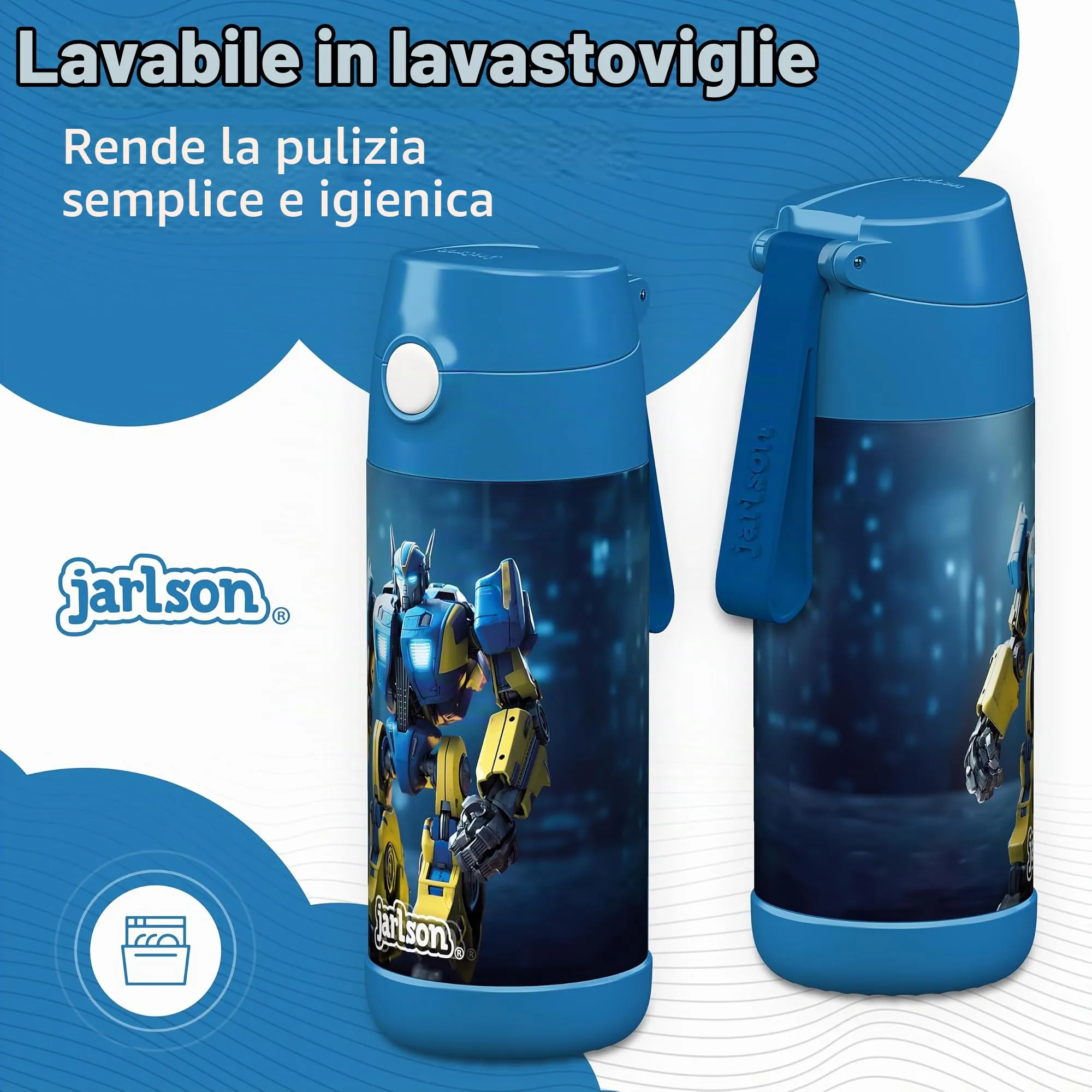 Jarlson Borraccia Termica Bambini Charli 350ml con Cannuccia - Acciaio Inox (Robot) - immagine 3