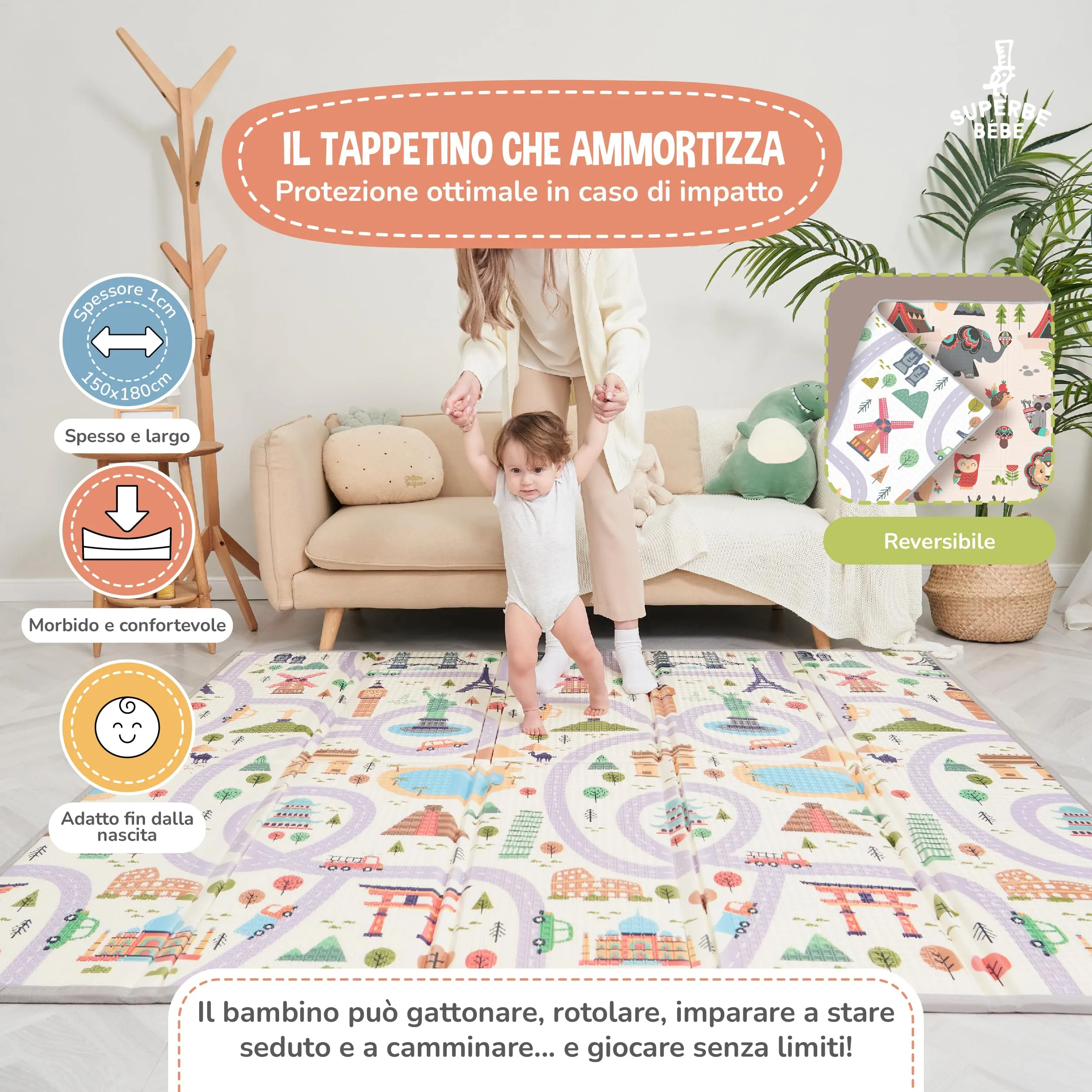SUPERBE BEBE Tappeto Gioco Bambini Pieghevole 150x180x1cm Montessori Reversibile in Schiuma - immagine 2