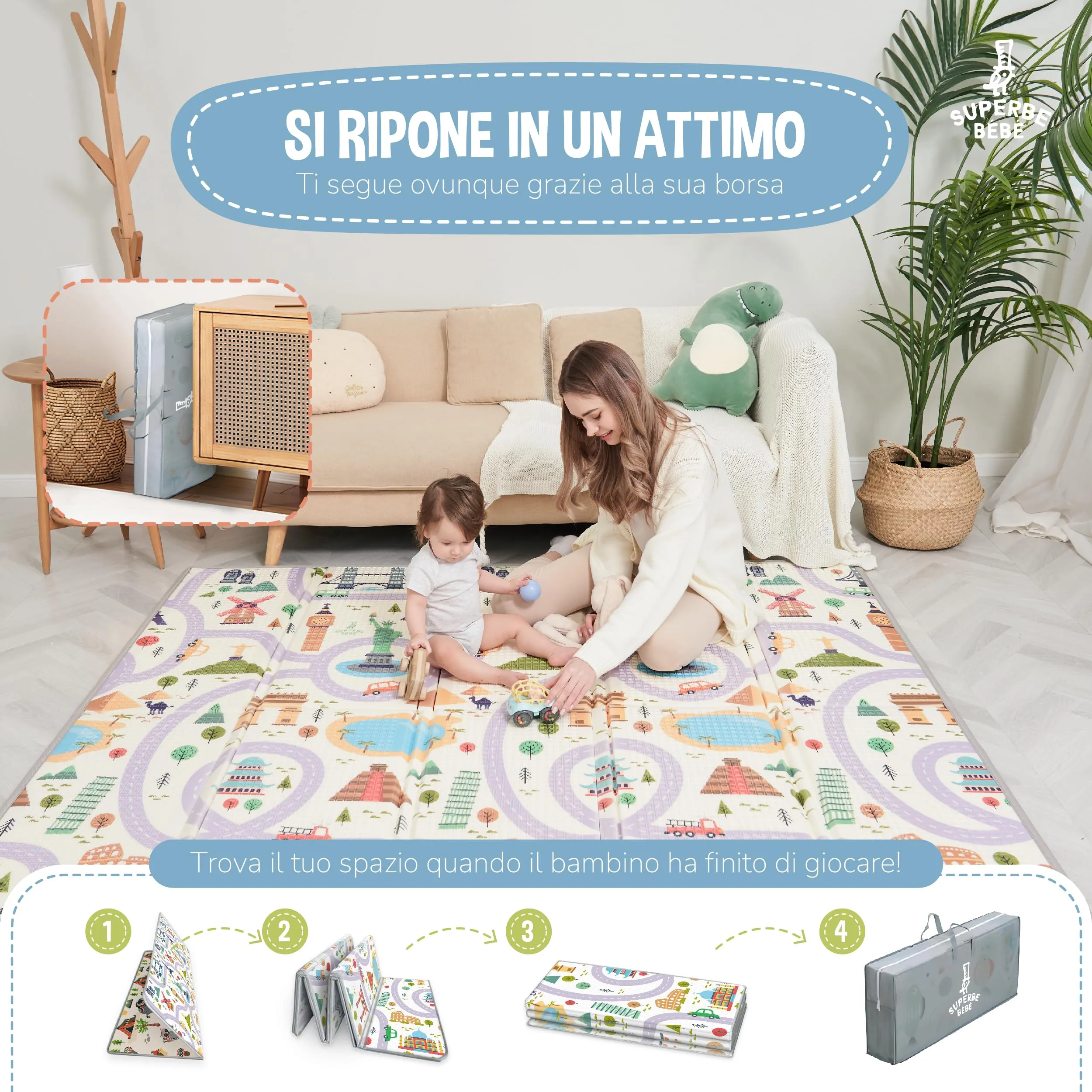 SUPERBE BEBE Tappeto Gioco Bambini Pieghevole 150x180x1cm Montessori Reversibile in Schiuma - immagine 3