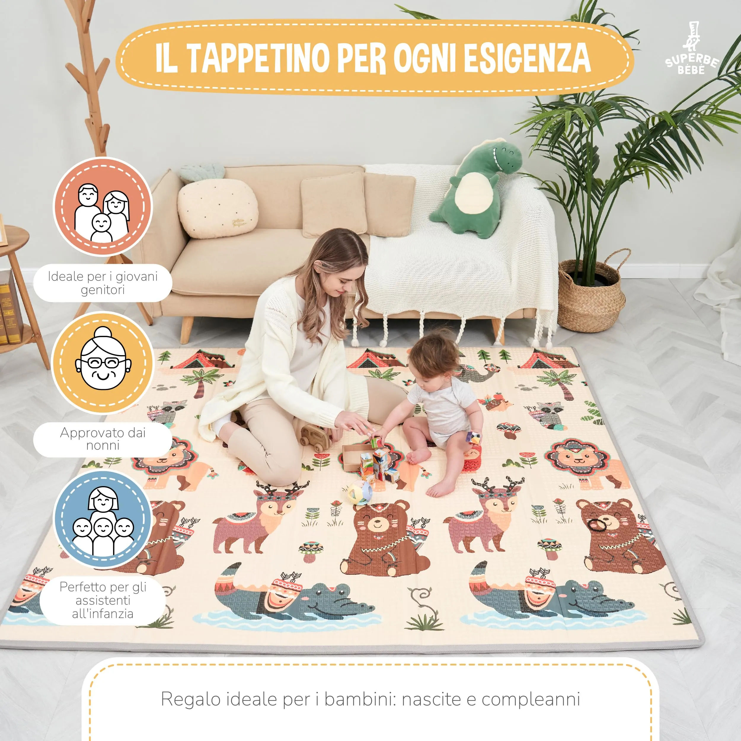 SUPERBE BEBE Tappeto Gioco Bambini Pieghevole 150x180x1cm Montessori Reversibile in Schiuma - immagine 4
