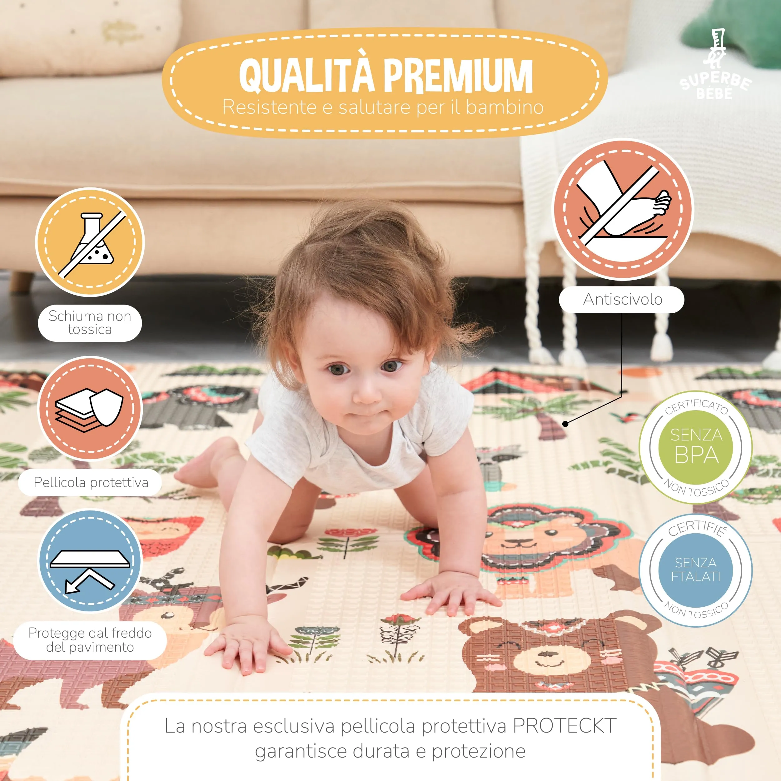 SUPERBE BEBE Tappeto Gioco Bambini Pieghevole 150x180x1cm Montessori Reversibile in Schiuma - immagine 5
