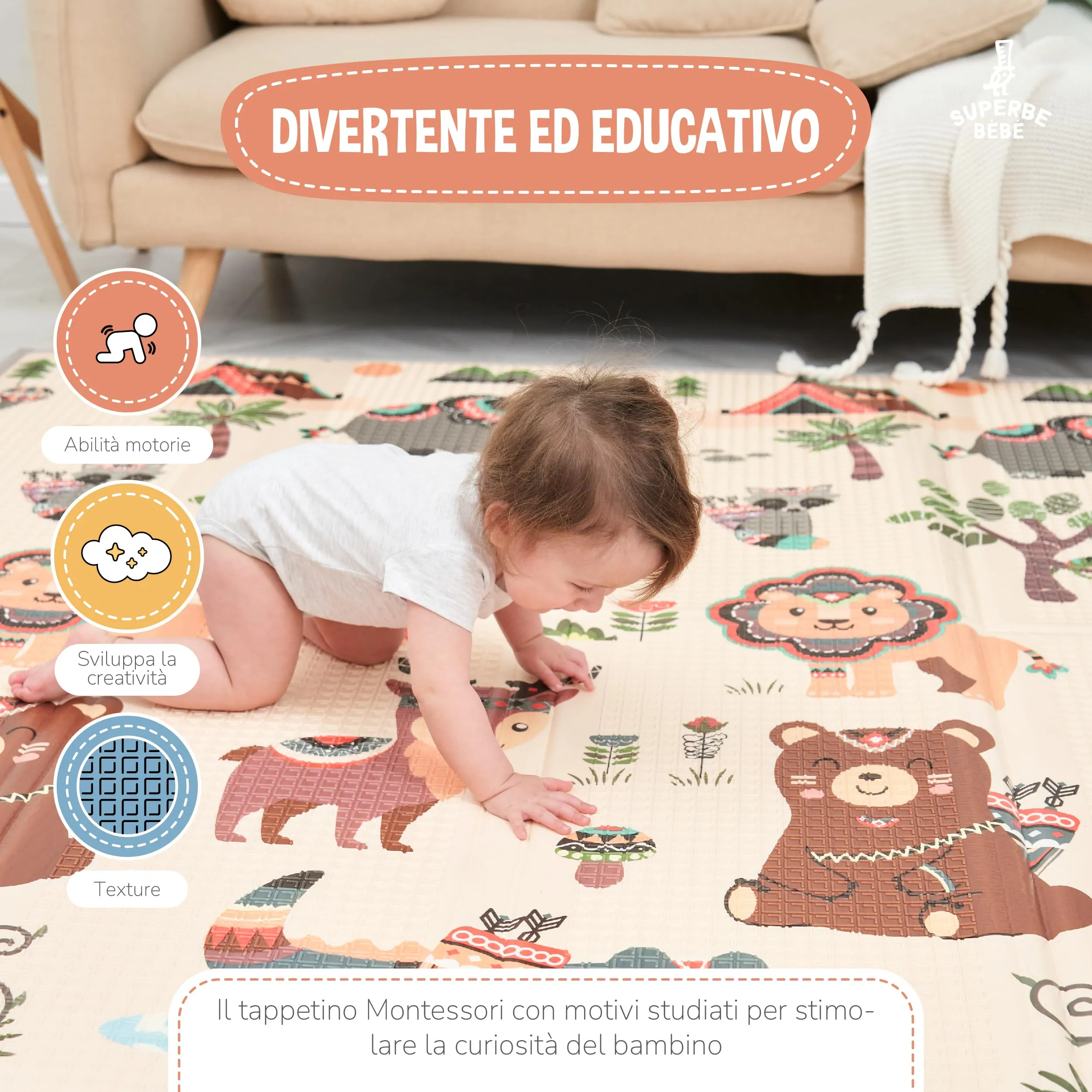 SUPERBE BEBE Tappeto Gioco Bambini Pieghevole 150x180x1cm Montessori Reversibile in Schiuma - immagine 6