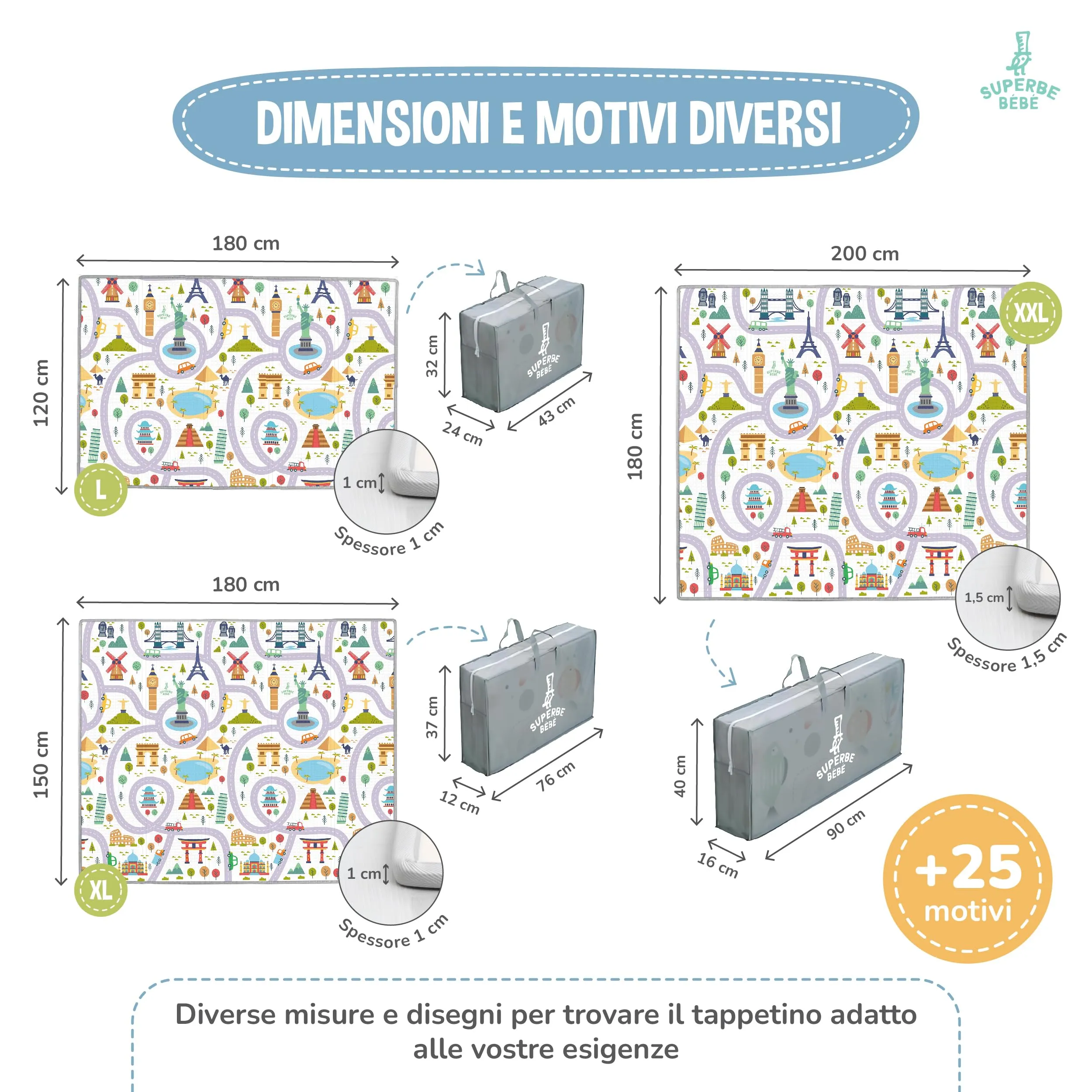 SUPERBE BEBE Tappeto Gioco Bambini Pieghevole 150x180x1cm Montessori Reversibile in Schiuma - immagine 7