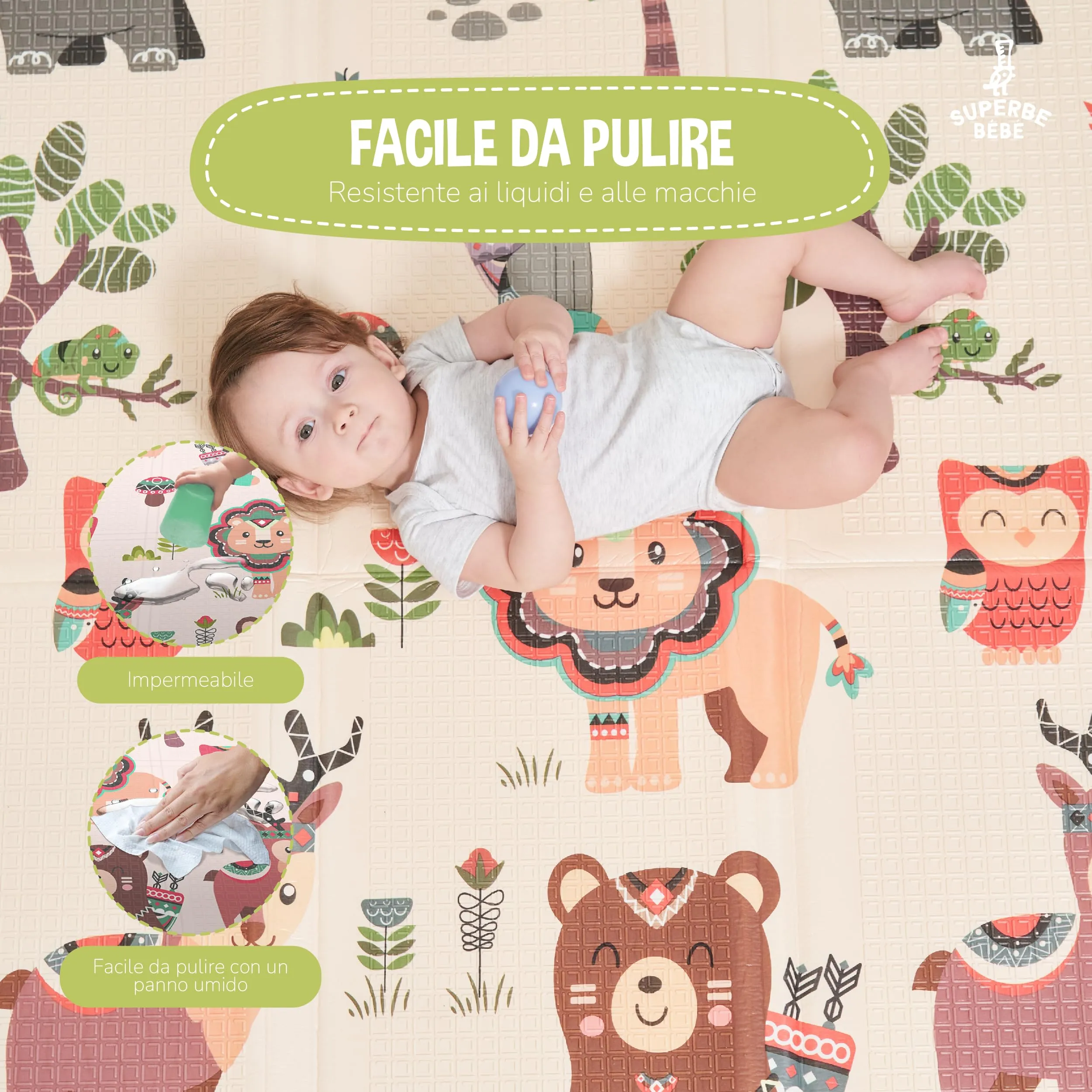 SUPERBE BEBE Tappeto Gioco Bambini Pieghevole 150x180x1cm Montessori Reversibile in Schiuma - immagine 8