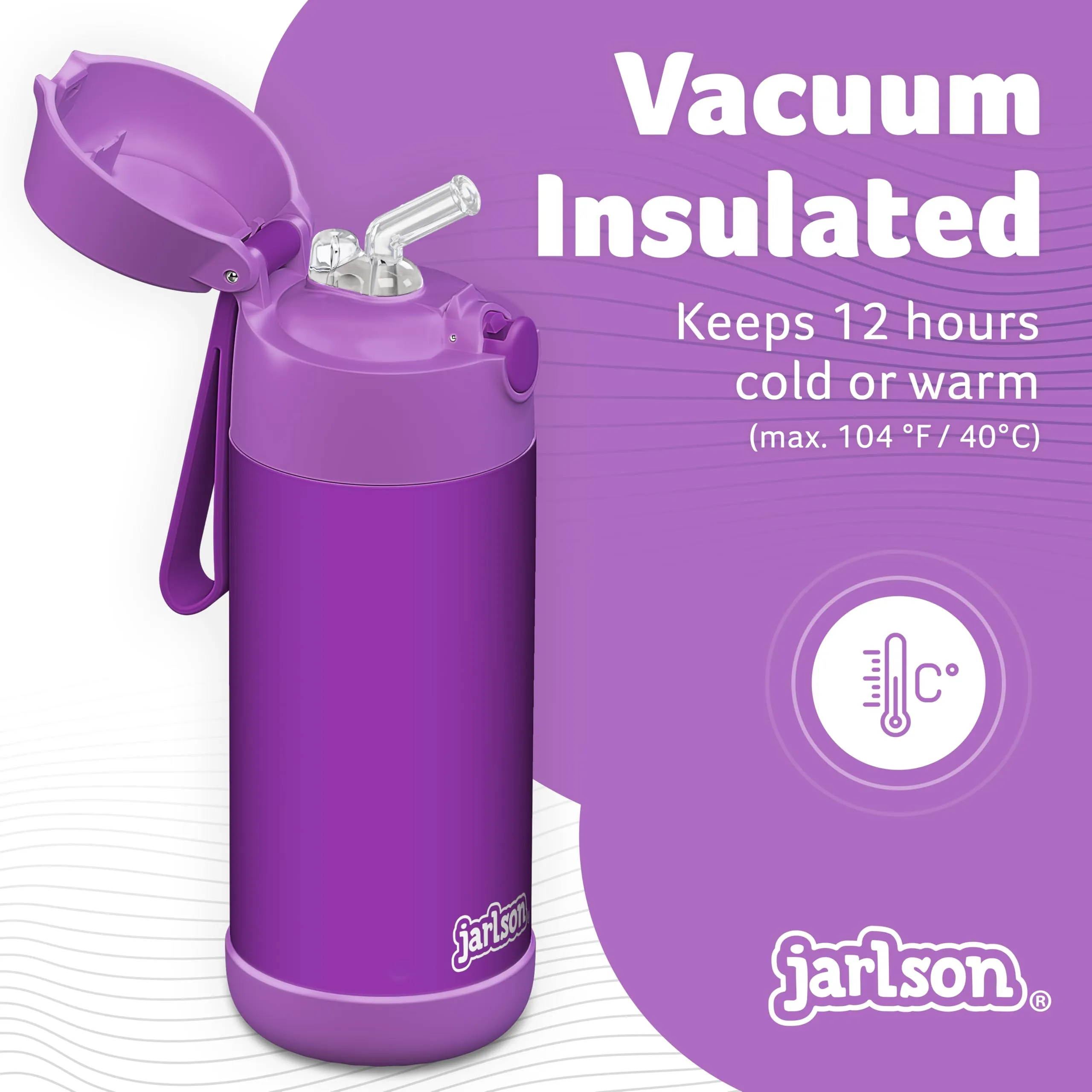 Jarlson Borraccia Termica Bambini Charli con Cannuccia, Acciaio Inox, 350ml, Viola - immagine 2
