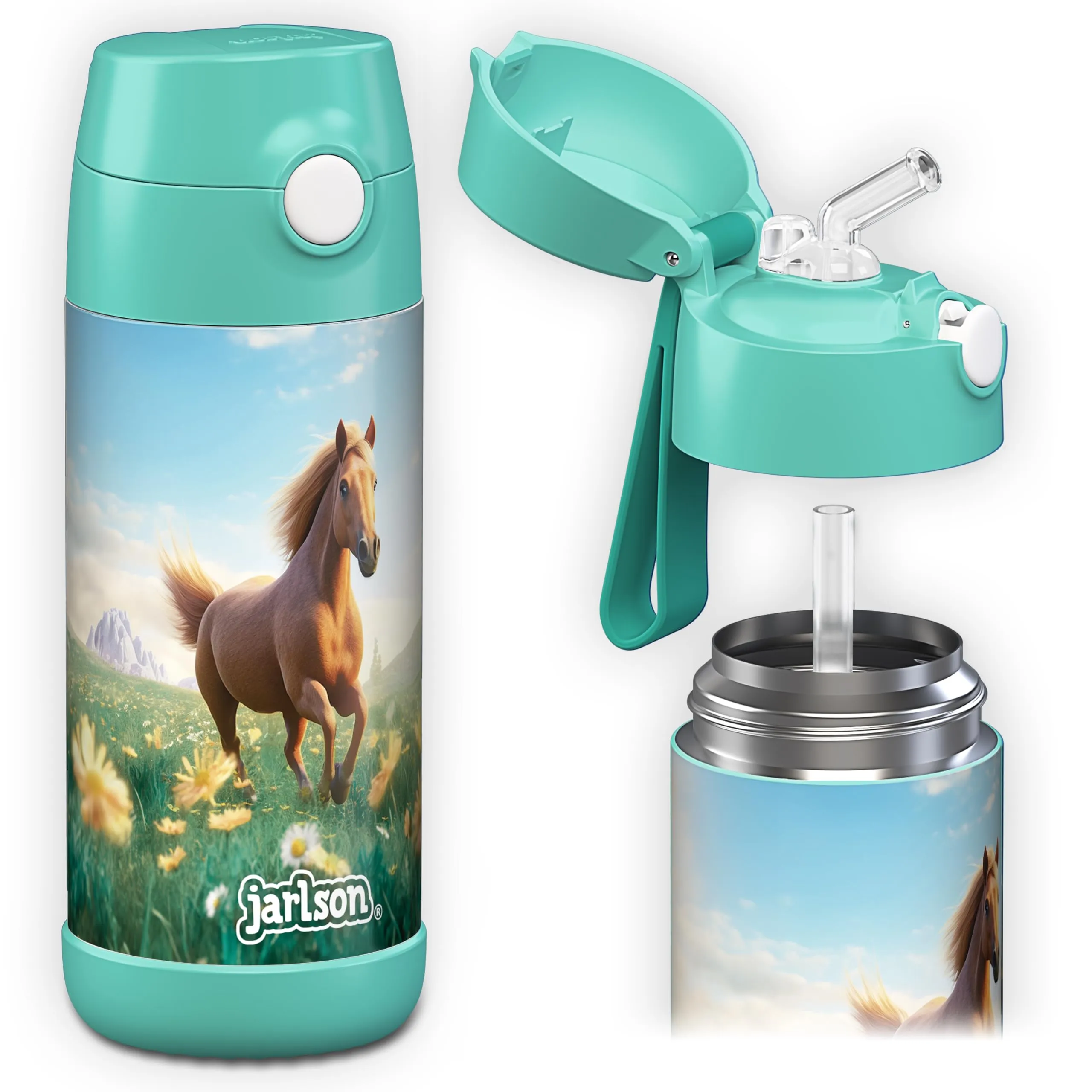 Jarlson Borraccia Termica Bambini Charli 350ml con Cannuccia, Acciaio Inox, Cavallo 2.0 - immagine 1