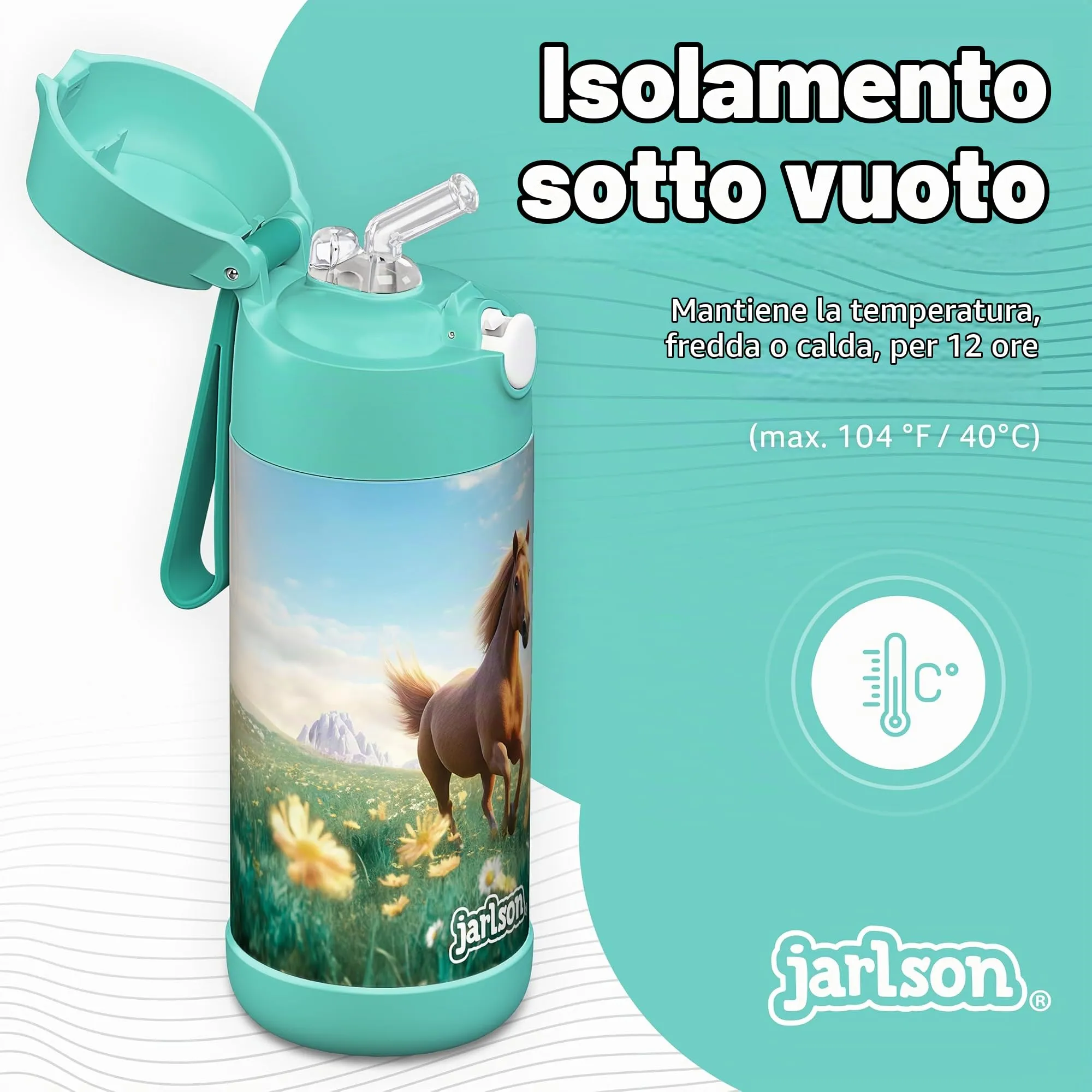 Jarlson Borraccia Termica Bambini Charli 350ml con Cannuccia, Acciaio Inox, Cavallo 2.0 - immagine 2