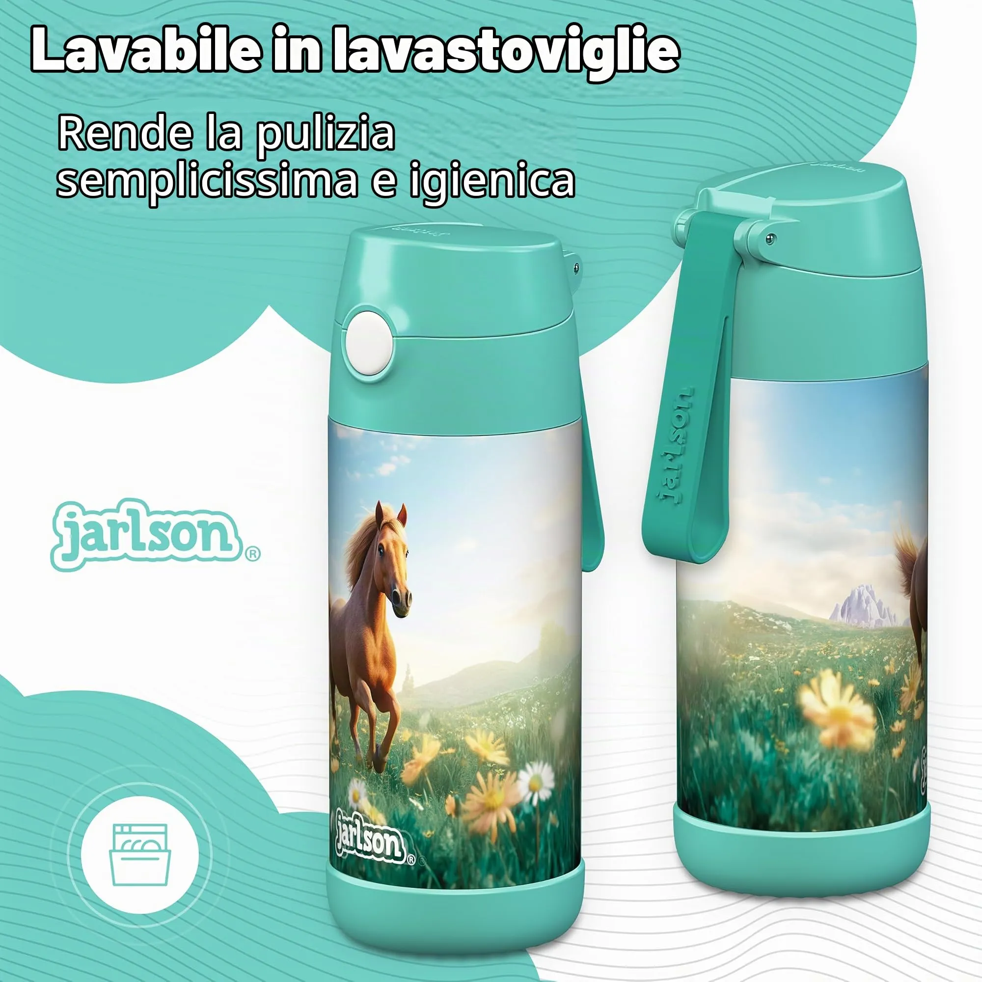 Jarlson Borraccia Termica Bambini Charli 350ml con Cannuccia, Acciaio Inox, Cavallo 2.0 - immagine 3