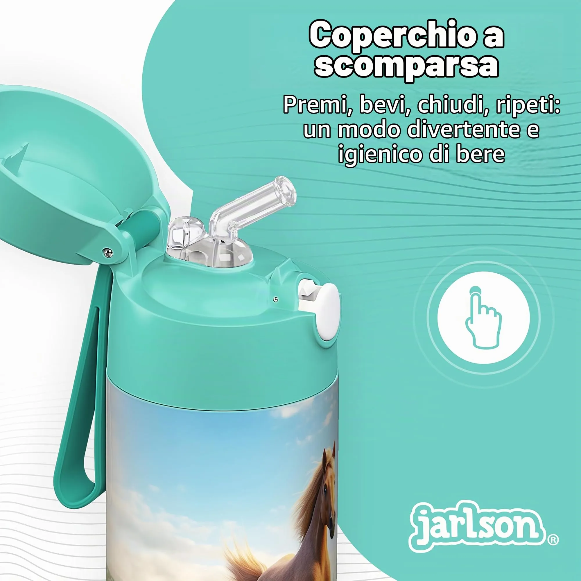 Jarlson Borraccia Termica Bambini Charli 350ml con Cannuccia, Acciaio Inox, Cavallo 2.0 - immagine 4