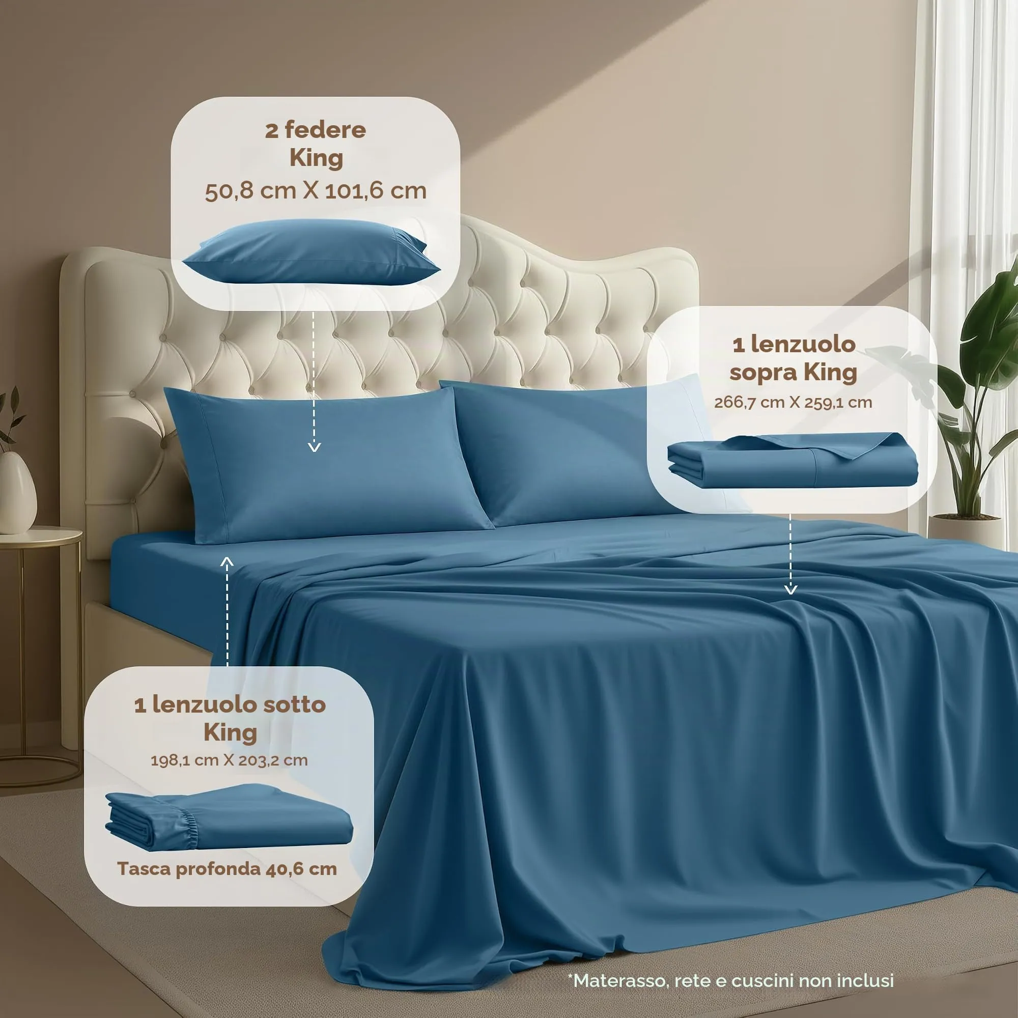 Utopia Bedding Set di lenzuola per letto King Size, 4 pezzi, microfibra, Blu Crepuscolo - immagine 2