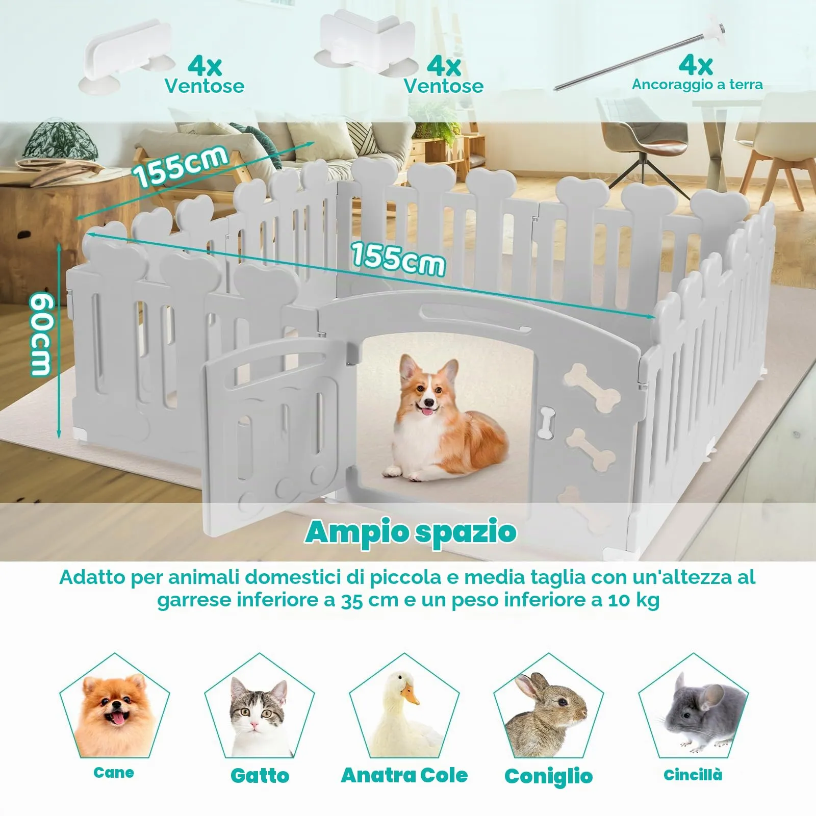 MAMIZO Recinto per Cani e Gatti da Interno ed Esterno, 8 Pannelli con Cancello, Altezza 60cm, Grigio - immagine 2
