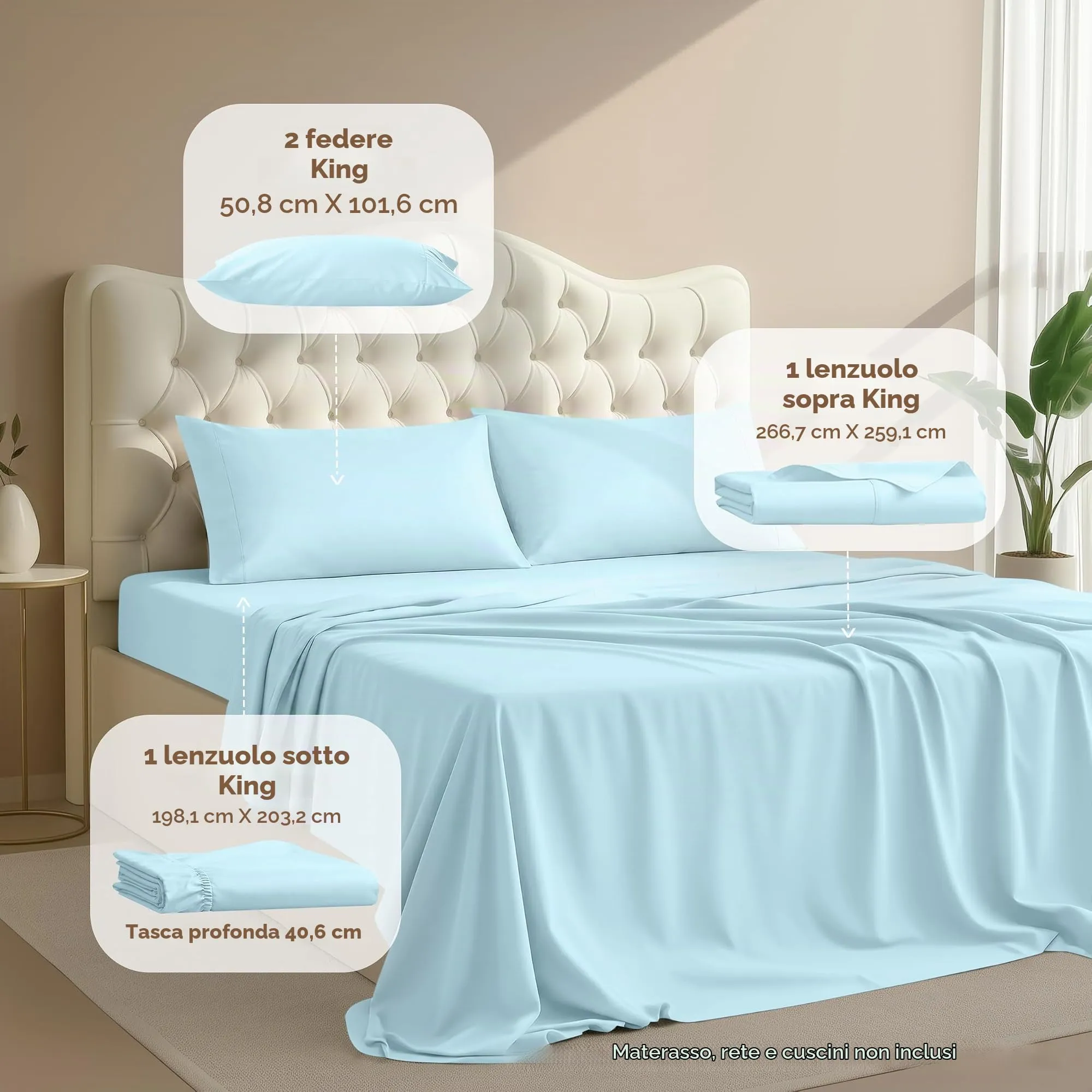 Utopia Bedding Set di lenzuola in microfibra, 4 pezzi, King size, Blu Ghiaccio - immagine 2