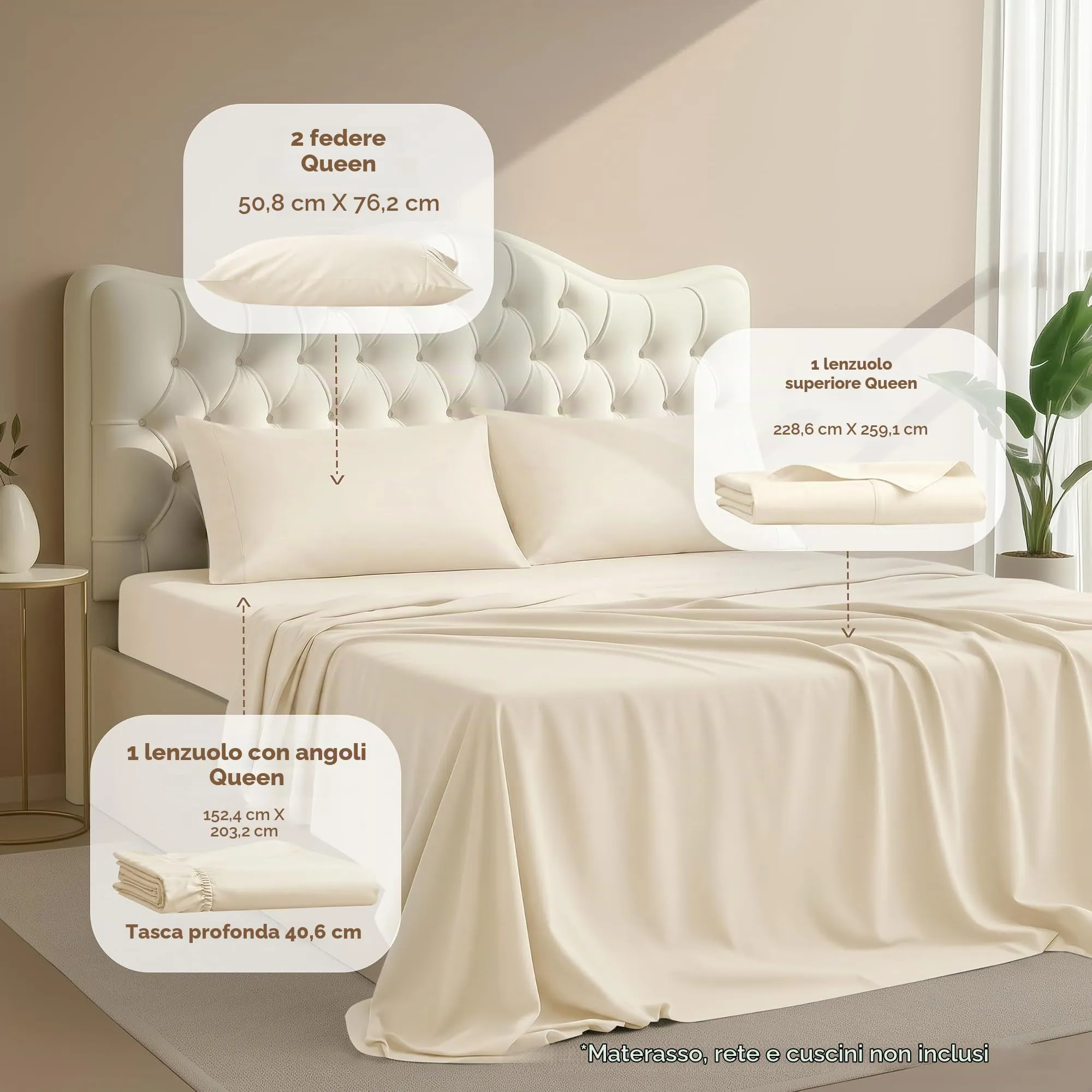 Utopia Bedding Set di lenzuola in microfibra, 4 pezzi, Queen Size, Avorio - immagine 2