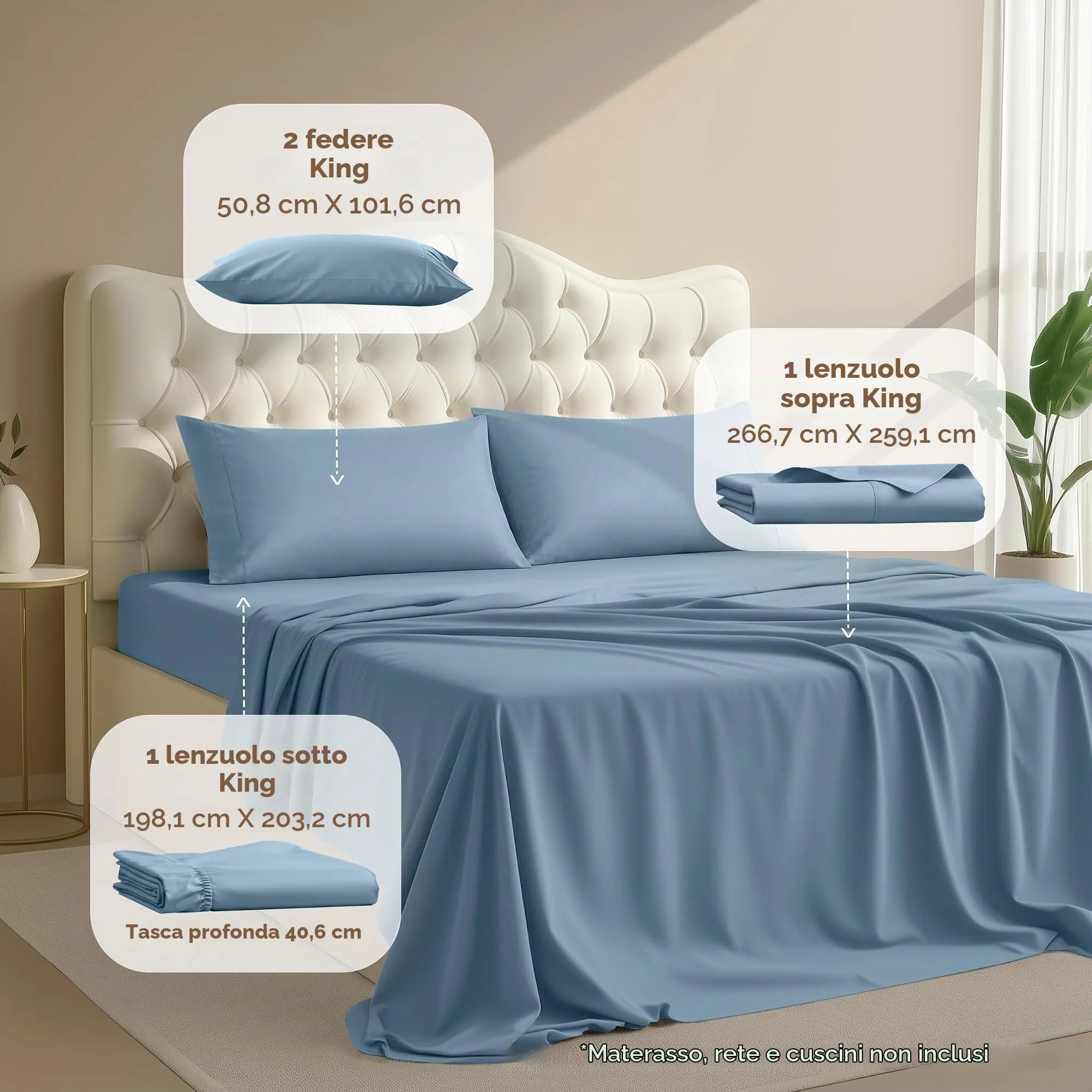 Utopia Bedding Set di lenzuola in microfibra 4 pezzi, King size, Blu Olandese - immagine 2